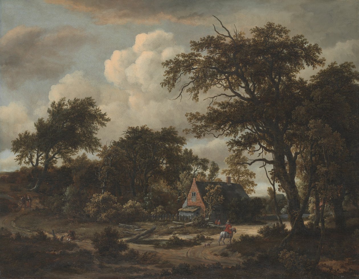 Boslandschap met huisje en ruiter door Meindert Hobbema