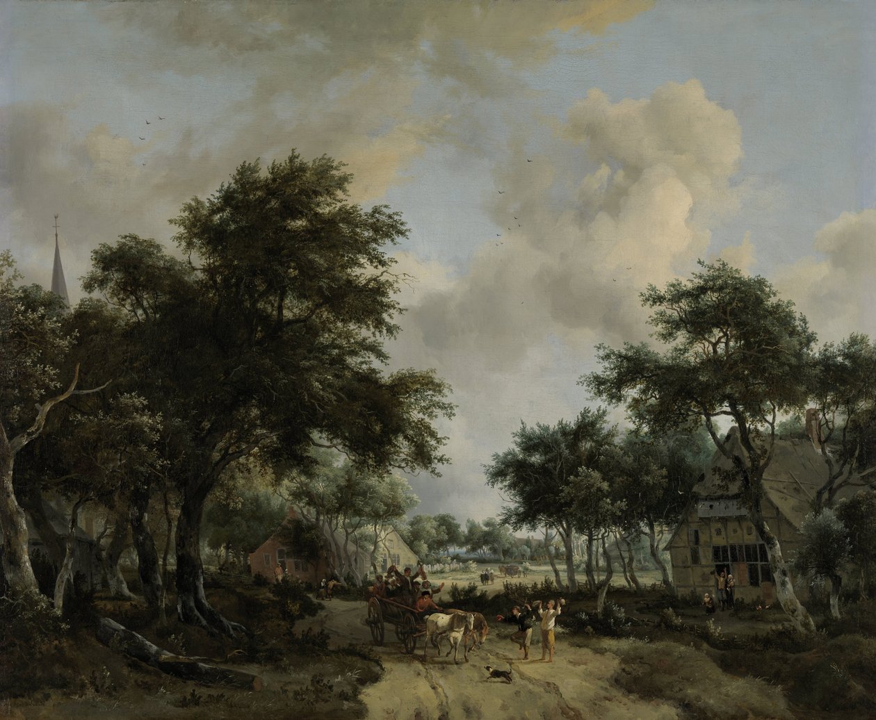 Bosrijk landschap met vrolijk gezelschap in een kar door Meindert Hobbema