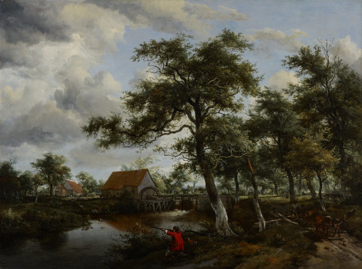 Boslandschap met watermolen door Meindert Hobbema