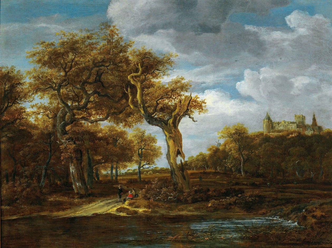 Bosrijk landschap met twee grote eiken en uitzicht op kasteel Bentheim door Meindert Hobbema