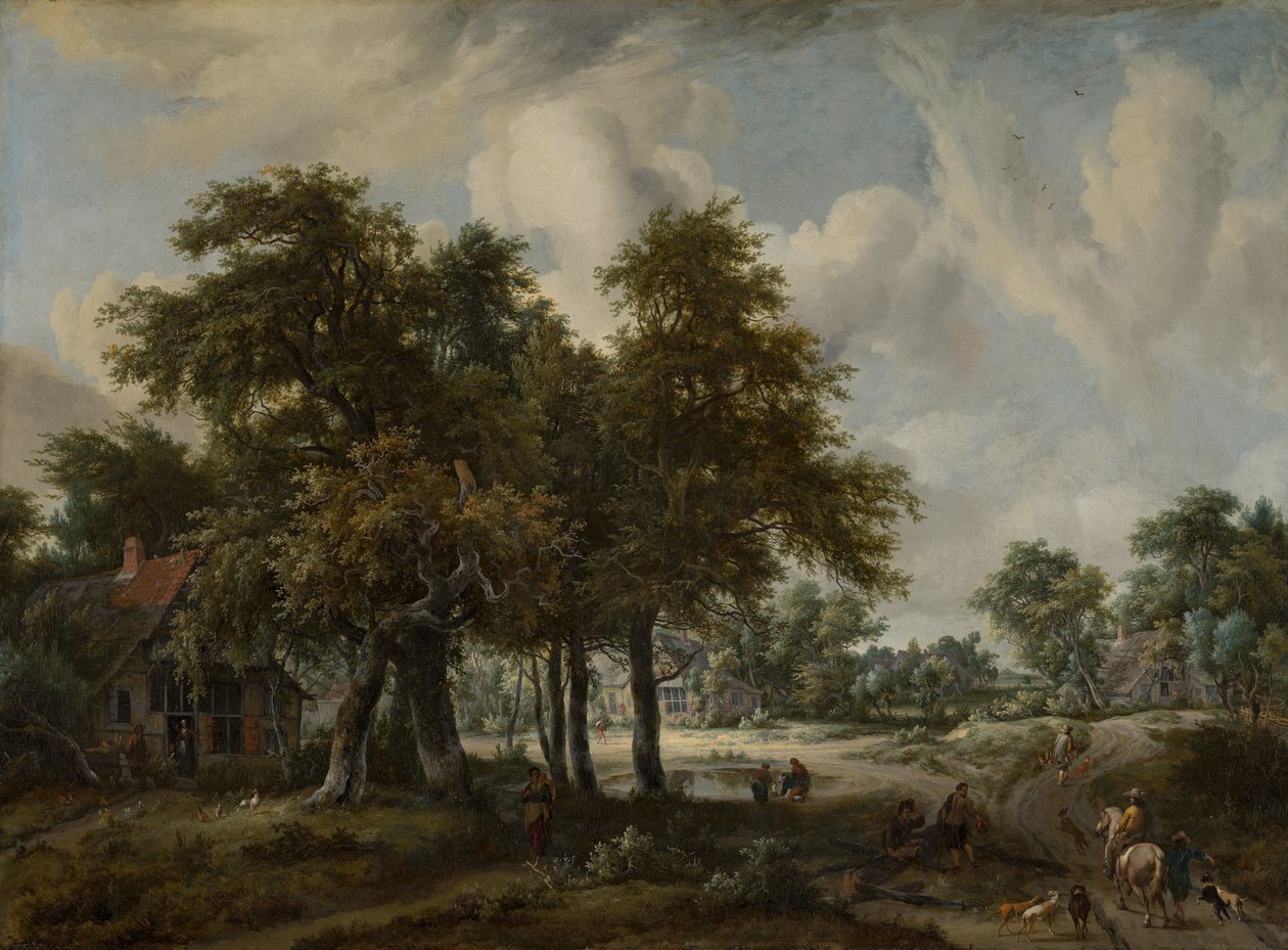 Boslandschap met huisjes door Meindert Hobbema