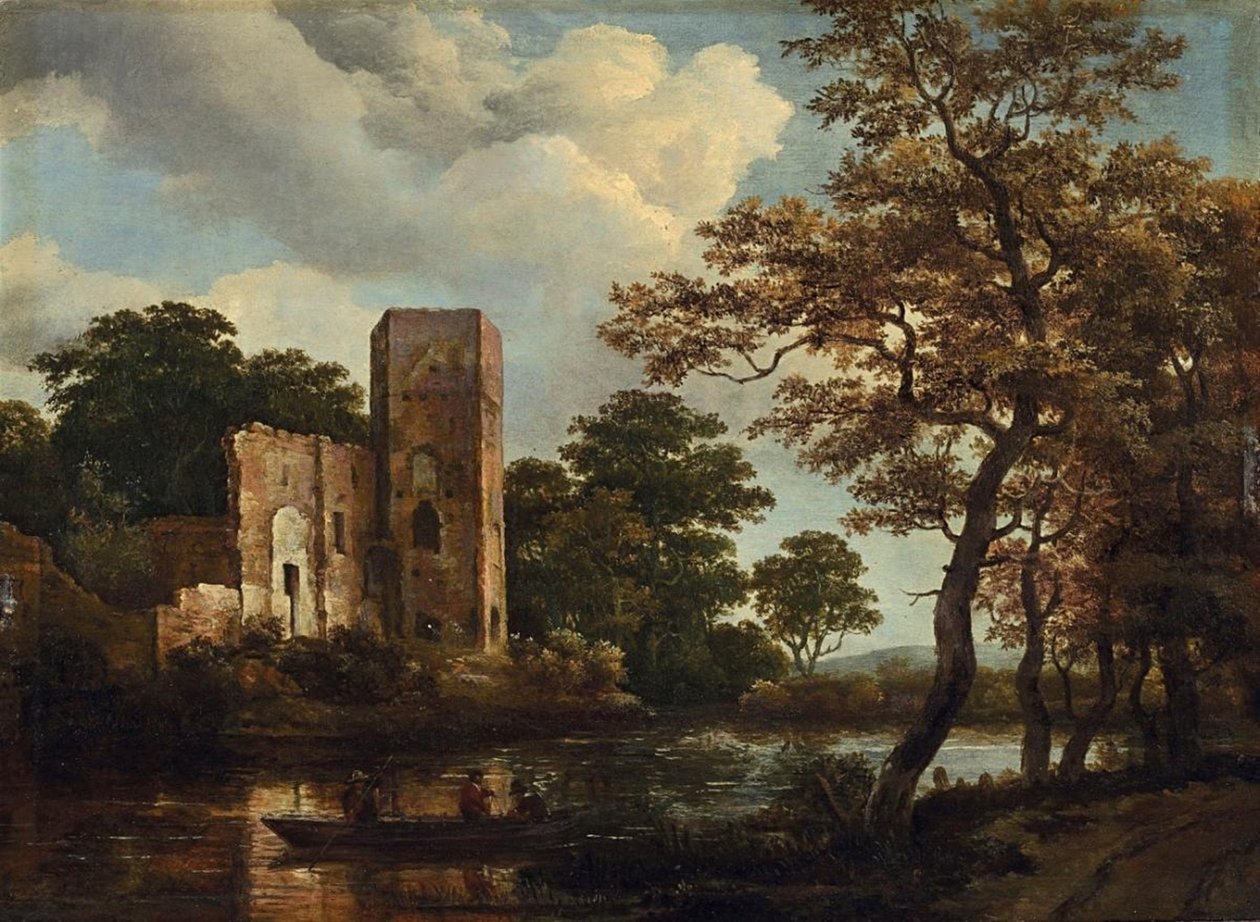 Bosrijk rivierlandschap met de ruïne van het kasteel van Egmond bij Egmond aan den Hoef door Meindert Hobbema