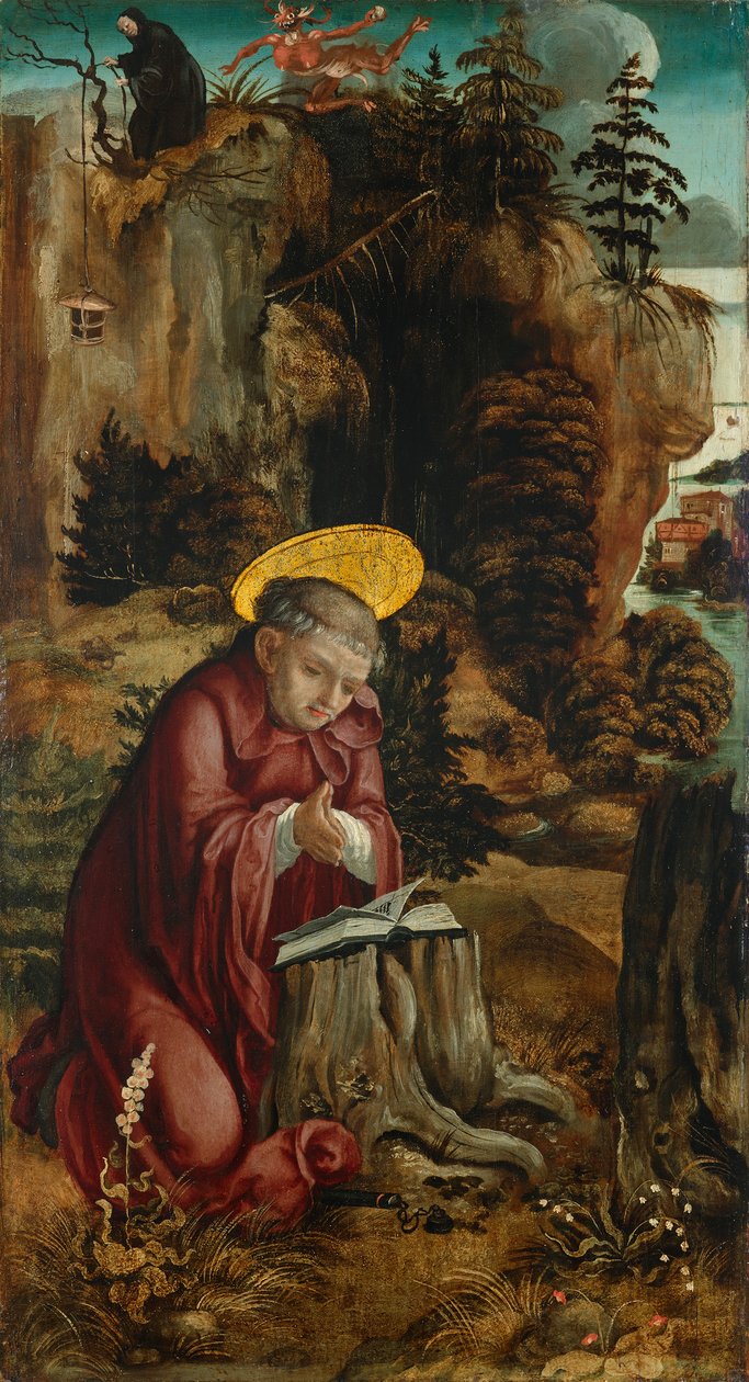De heilige Benedictus voor de grot in Subiaco door Meister des Innerochsenbacher Annenaltars
