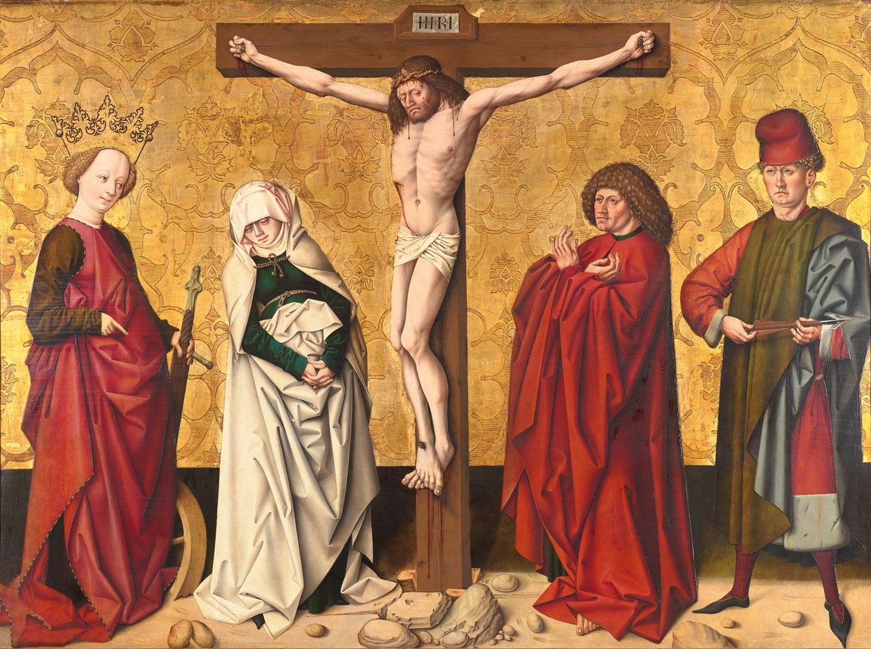 Christus aan het kruis tussen de heiligen Maria en Johannes, Catharina en Sebastian door Meister von Großgmain