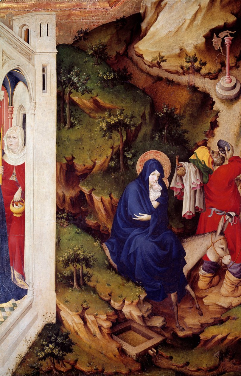 De vlucht naar Egypte (detail) van het rechtergedeelte van het altaarstuk van de Chartreuse van Champmol. Houtsnijwerk door Melchior Broederlam (tussen 1381 en 1409) 1393-1399. Dijon, museum voor Schone Kunsten door Melchior Broederlam