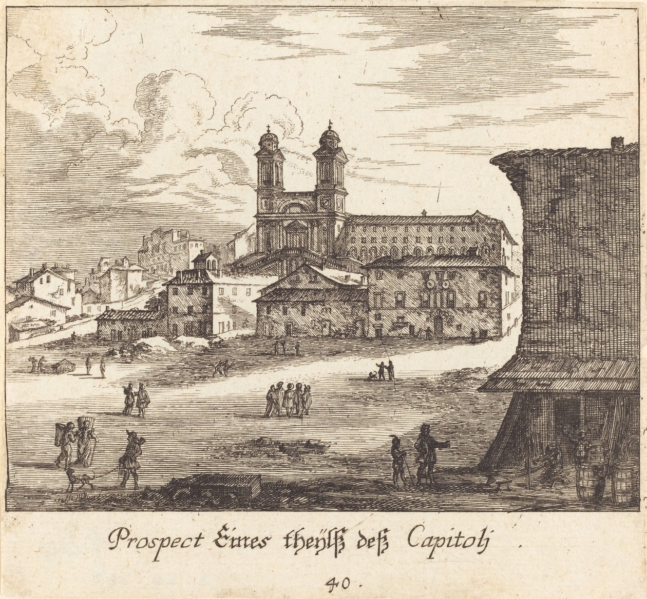 Stadsgezicht door Melchior Küsel after Johann Wilhelm Baur