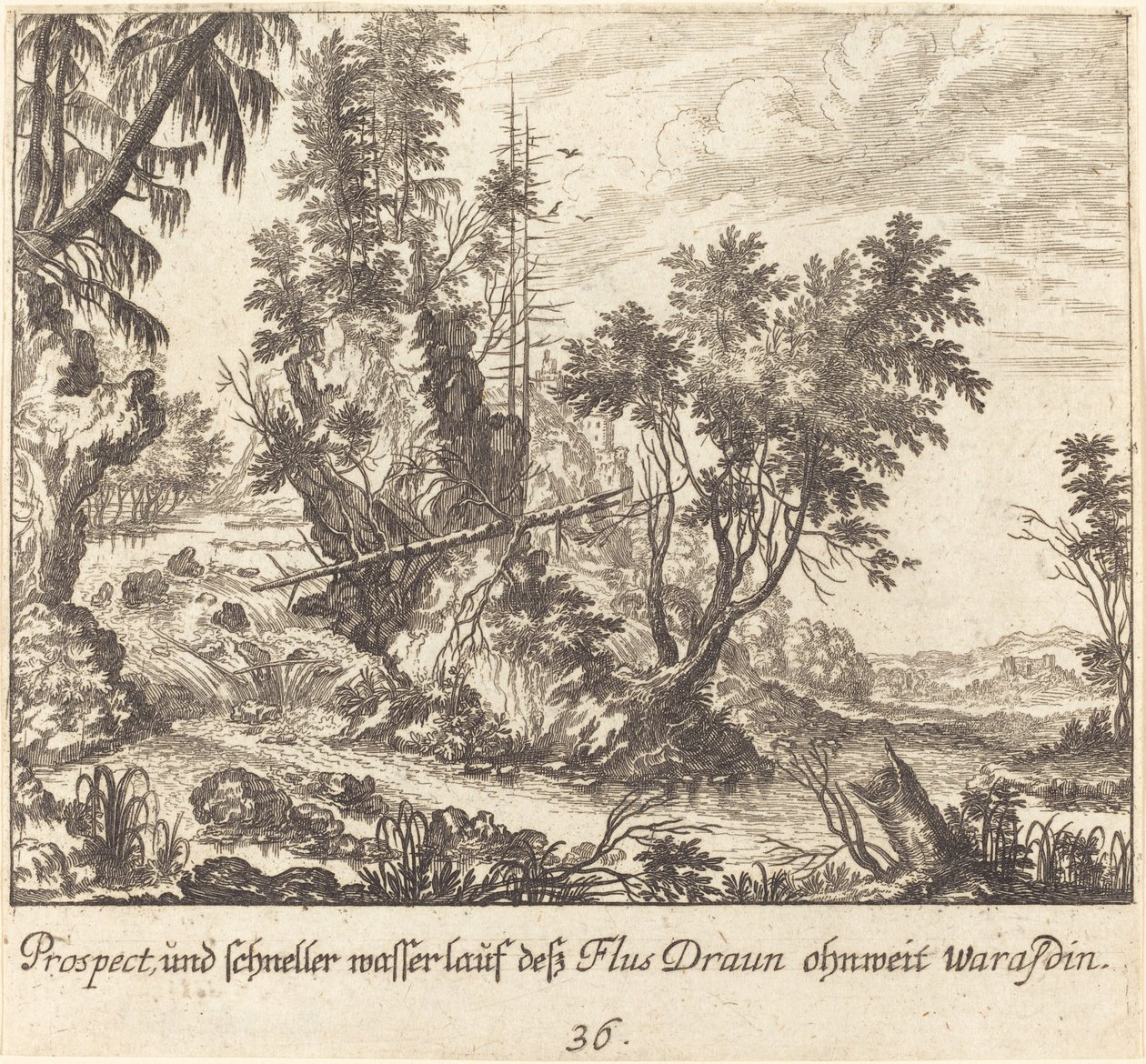 Draun Rivier door Melchior Küsel after Johann Wilhelm Baur