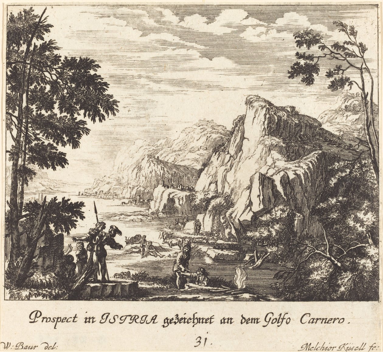 Istrië, Carnero Golf door Melchior Küsel after Johann Wilhelm Baur