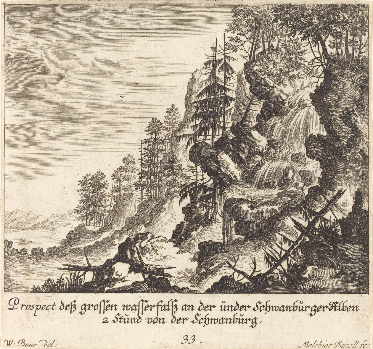 Grote Waterval, Schwanburg door Melchior Küsel after Johann Wilhelm Baur