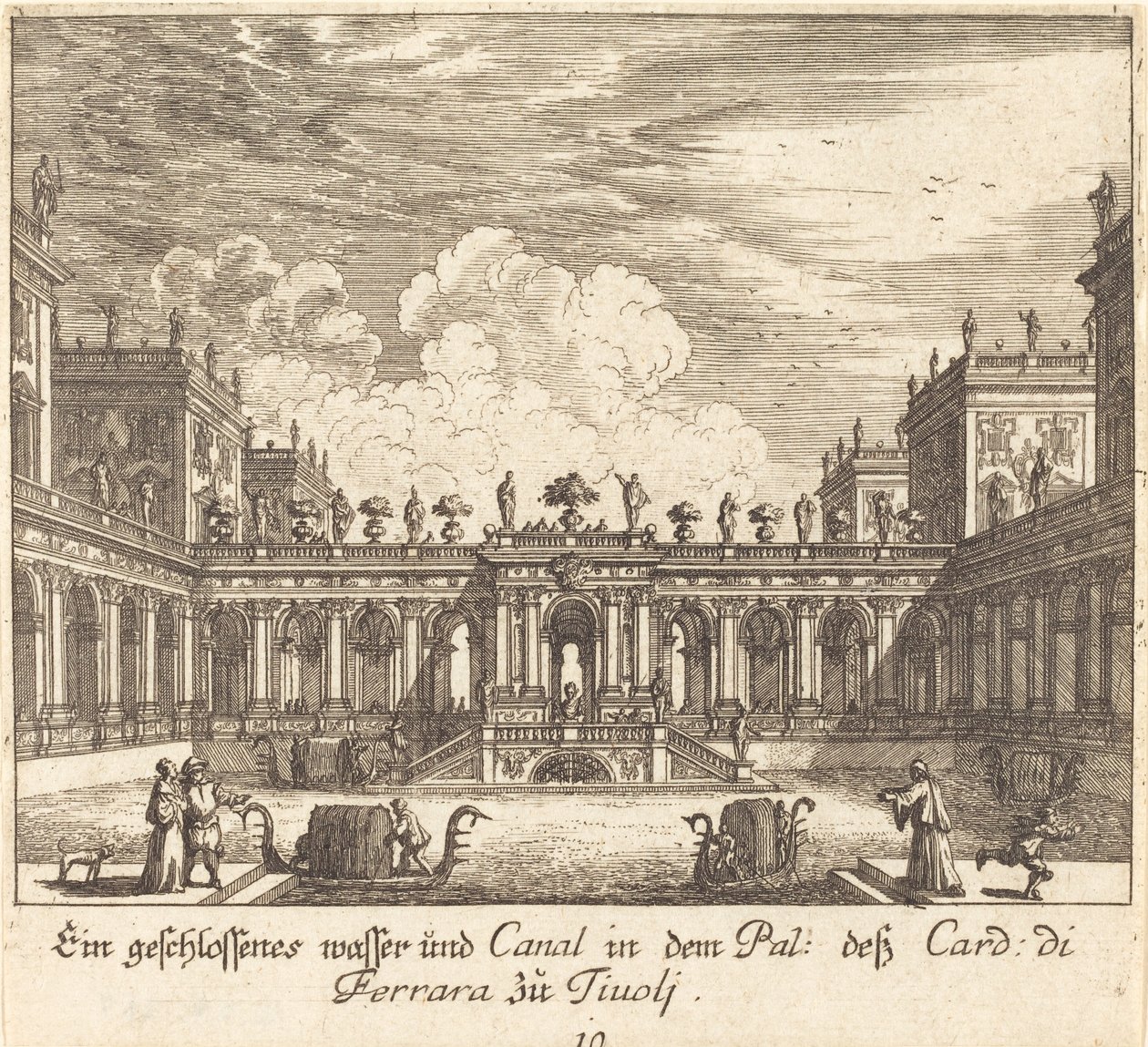 Paleis en Kanaal, Kardinaal di Ferrara, Tivoli door Melchior Küsel after Johann Wilhelm Baur