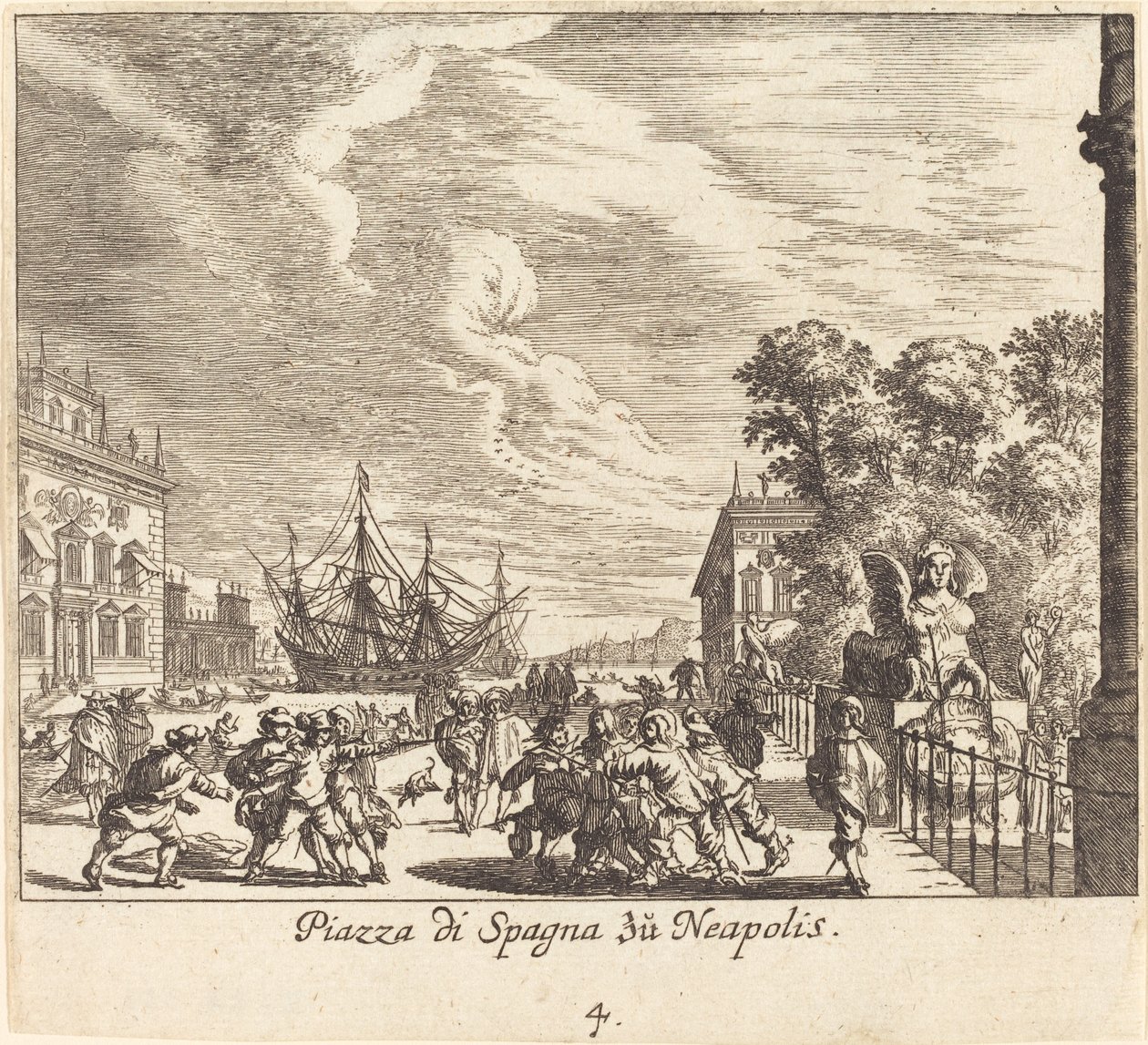 Piazza di Spagna, Napels door Melchior Küsel after Johann Wilhelm Baur
