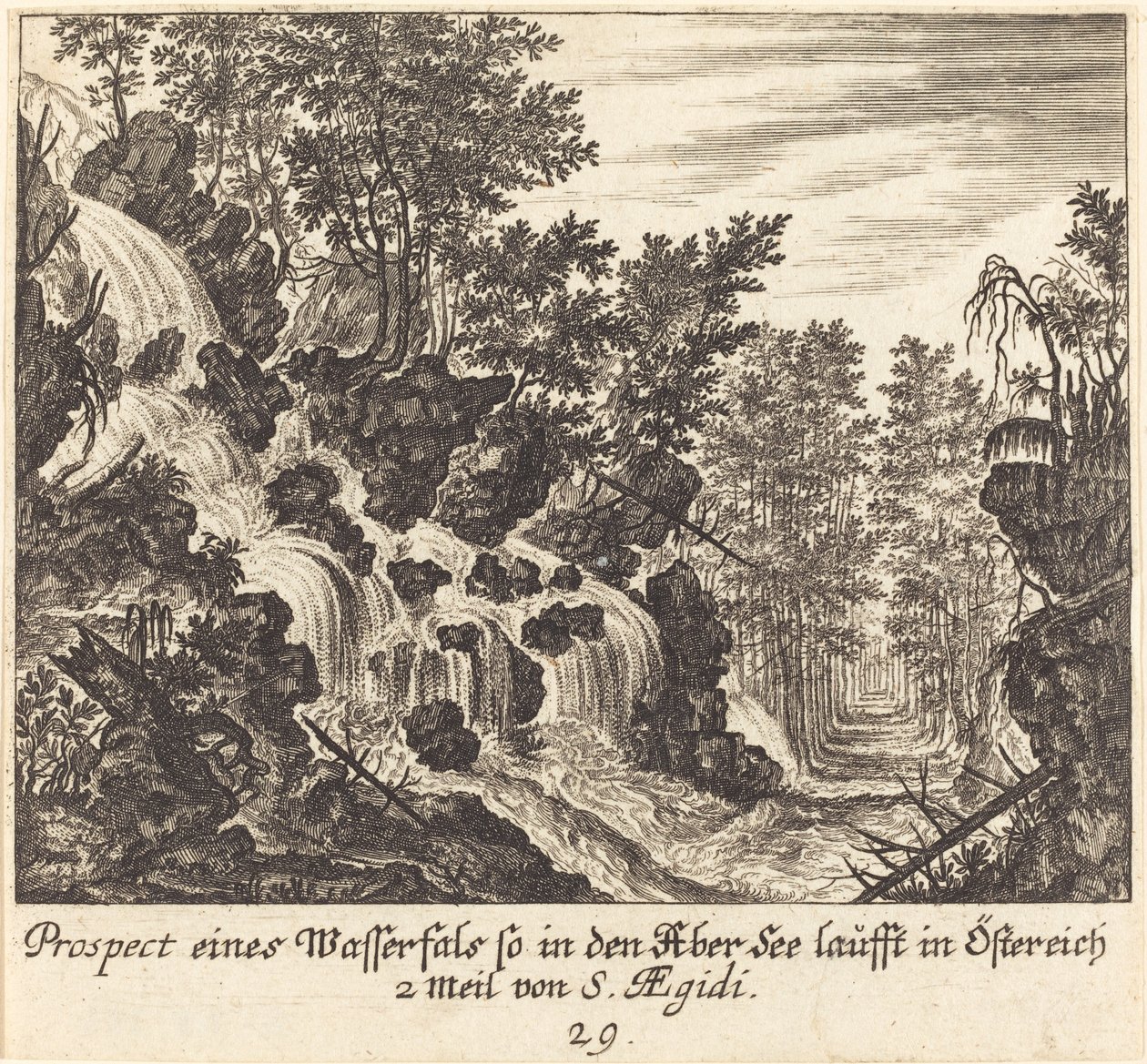 Uitzicht op een waterval, Oostenrijk door Melchior Küsel after Johann Wilhelm Baur