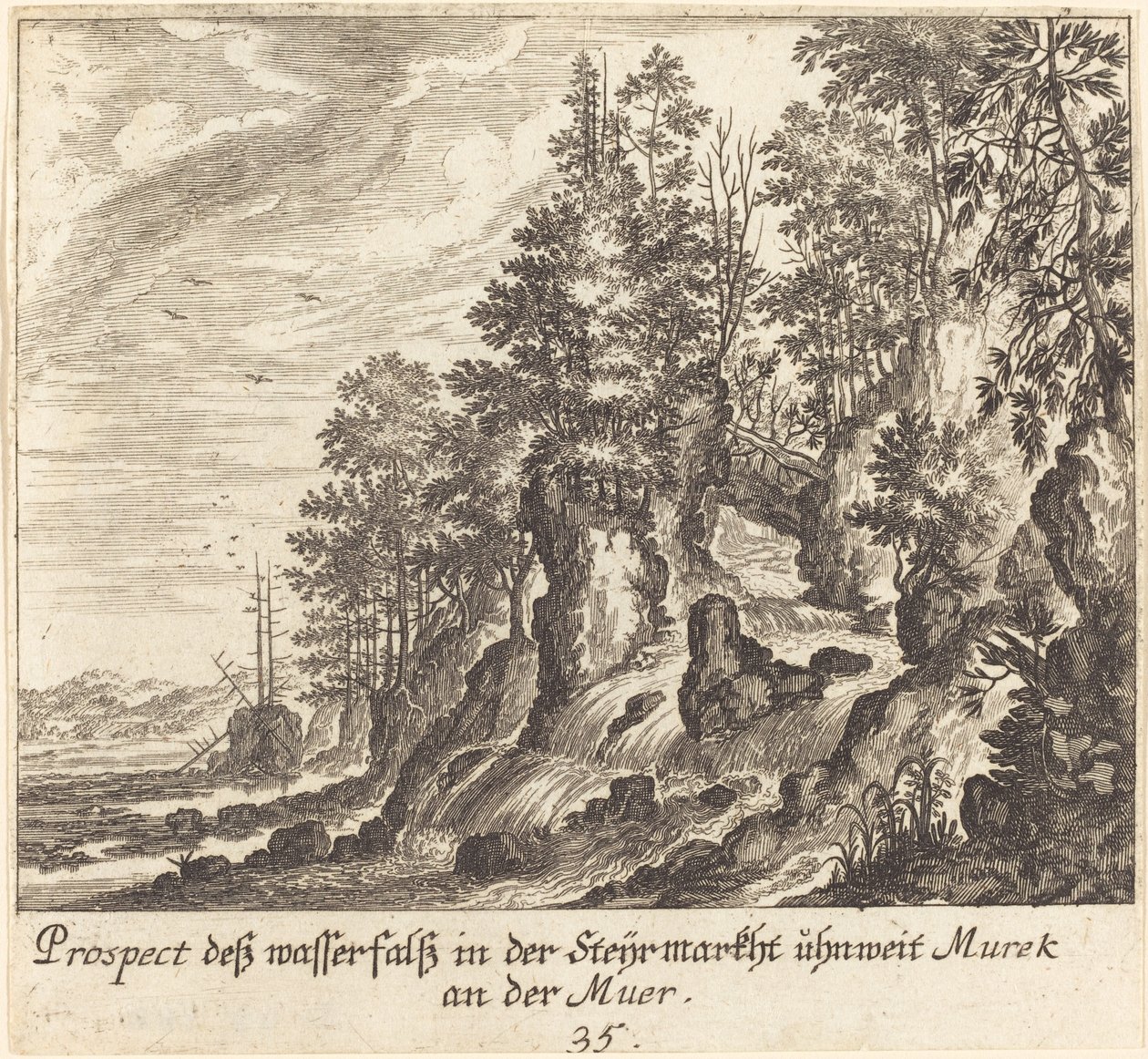 Waterval door Melchior Küsel after Johann Wilhelm Baur