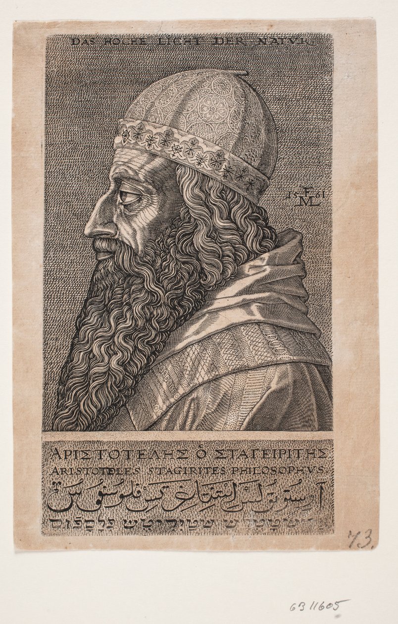 Aristoteles, halflang portret, profiel naar links door Melchior Lorck