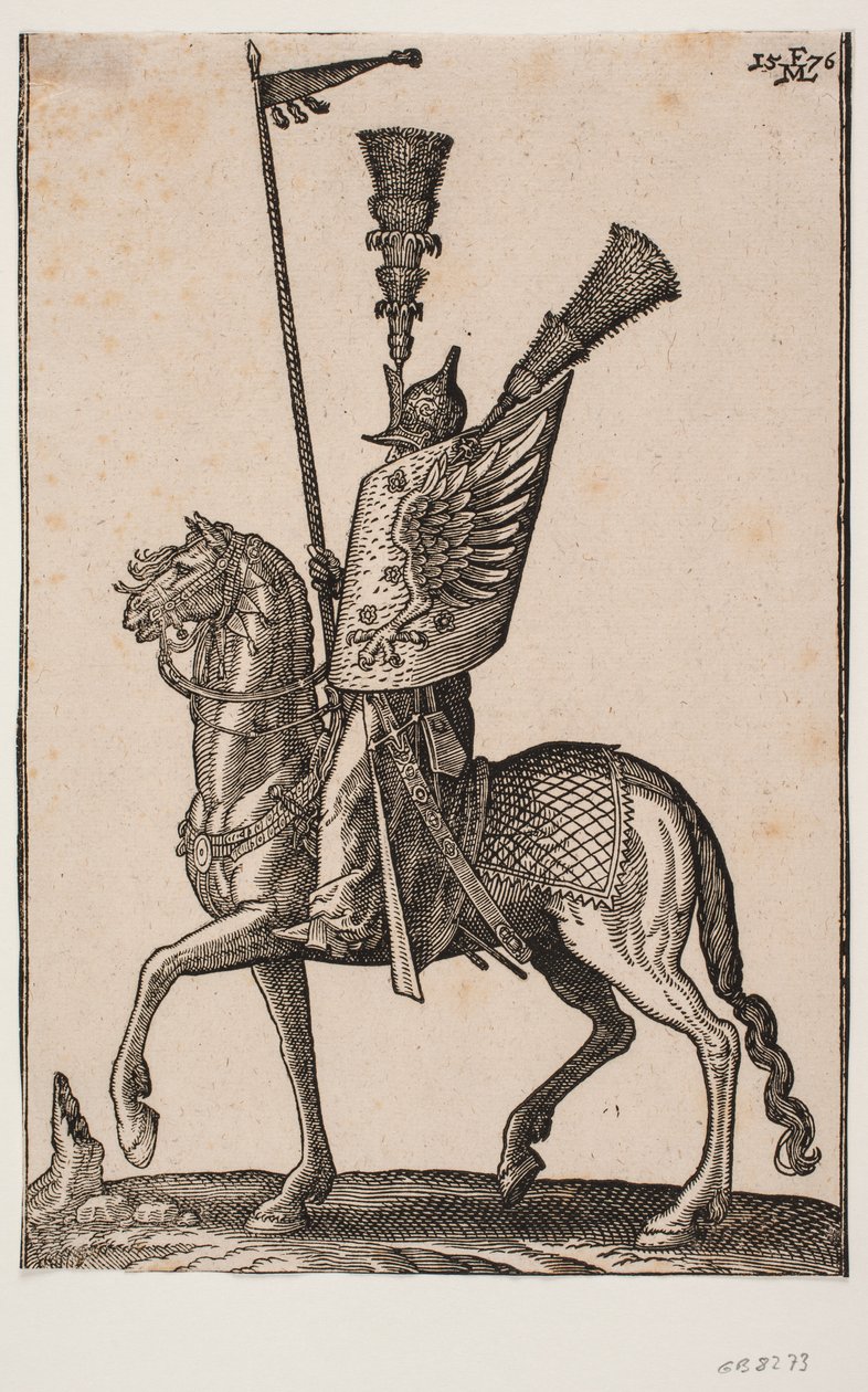 Bereden soldaat, profiel naar links; lans met wimpel, metalen helm met zeer hoge pluim, schild met adelaarsvleugel en een extra hoge pluim door Melchior Lorck