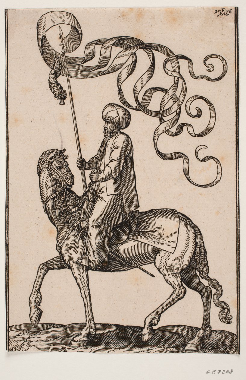 Bereden standaarddrager, profiel naar links; de standaard is 3-vlagig en eronder hangt een veer; zijn zwaard geplaatst tussen zijn linkerbeen en de flank van het paard door Melchior Lorck