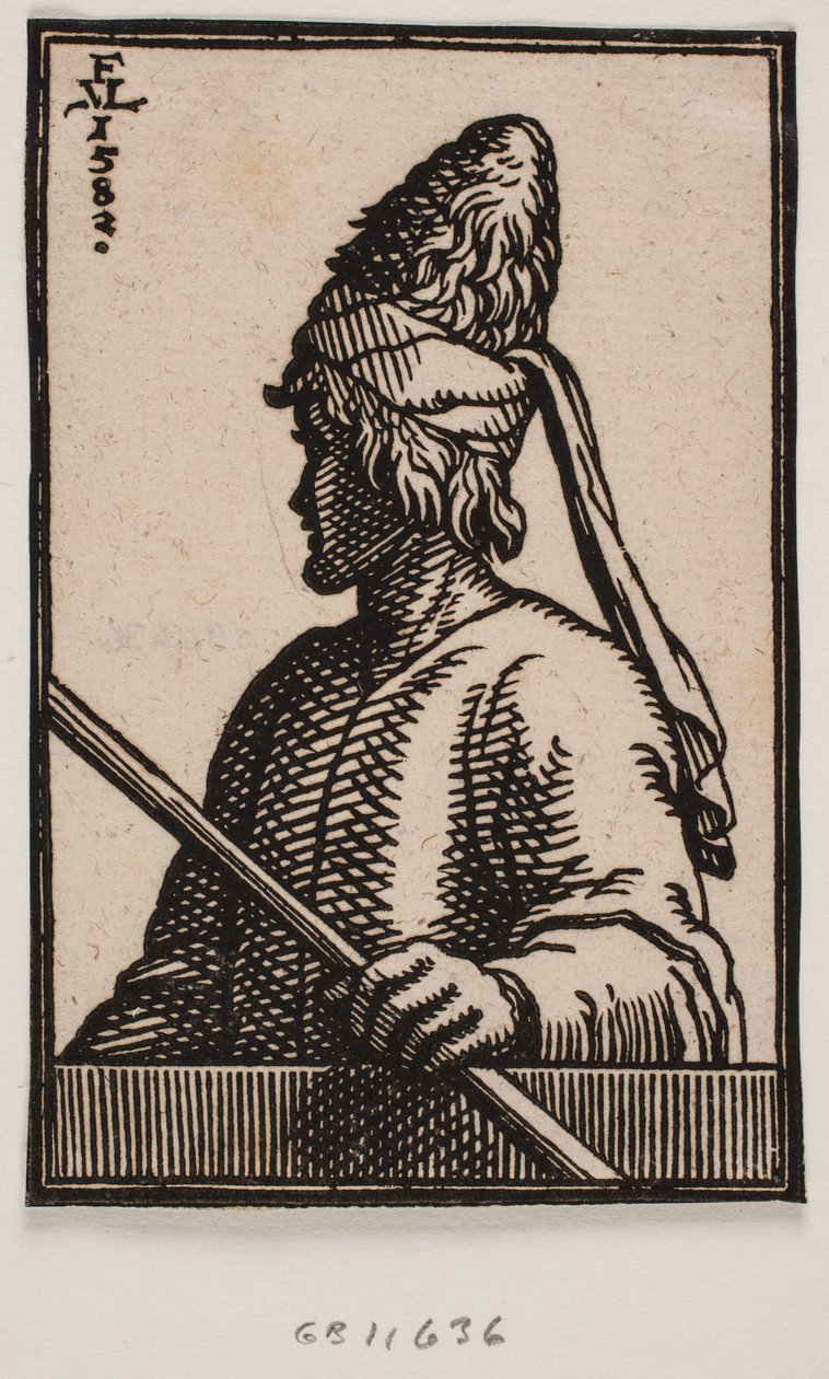 Buste van een jonge man met puntige hoed van leer, een staf in zijn linkerhand houdend, uitgestrekt over de balustrade; getoond in 3/4 profiel van de linkerkant van de man, met het hoofd iets van de kijker afgewend door Melchior Lorck