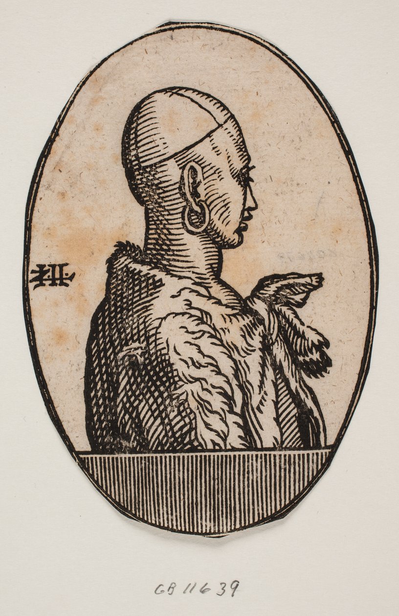 Circulair medaillon met halflang portret van een ongeschoren man met een kalot en een oorbel, met een bont over zijn schouder; profiel naar rechts door Melchior Lorck