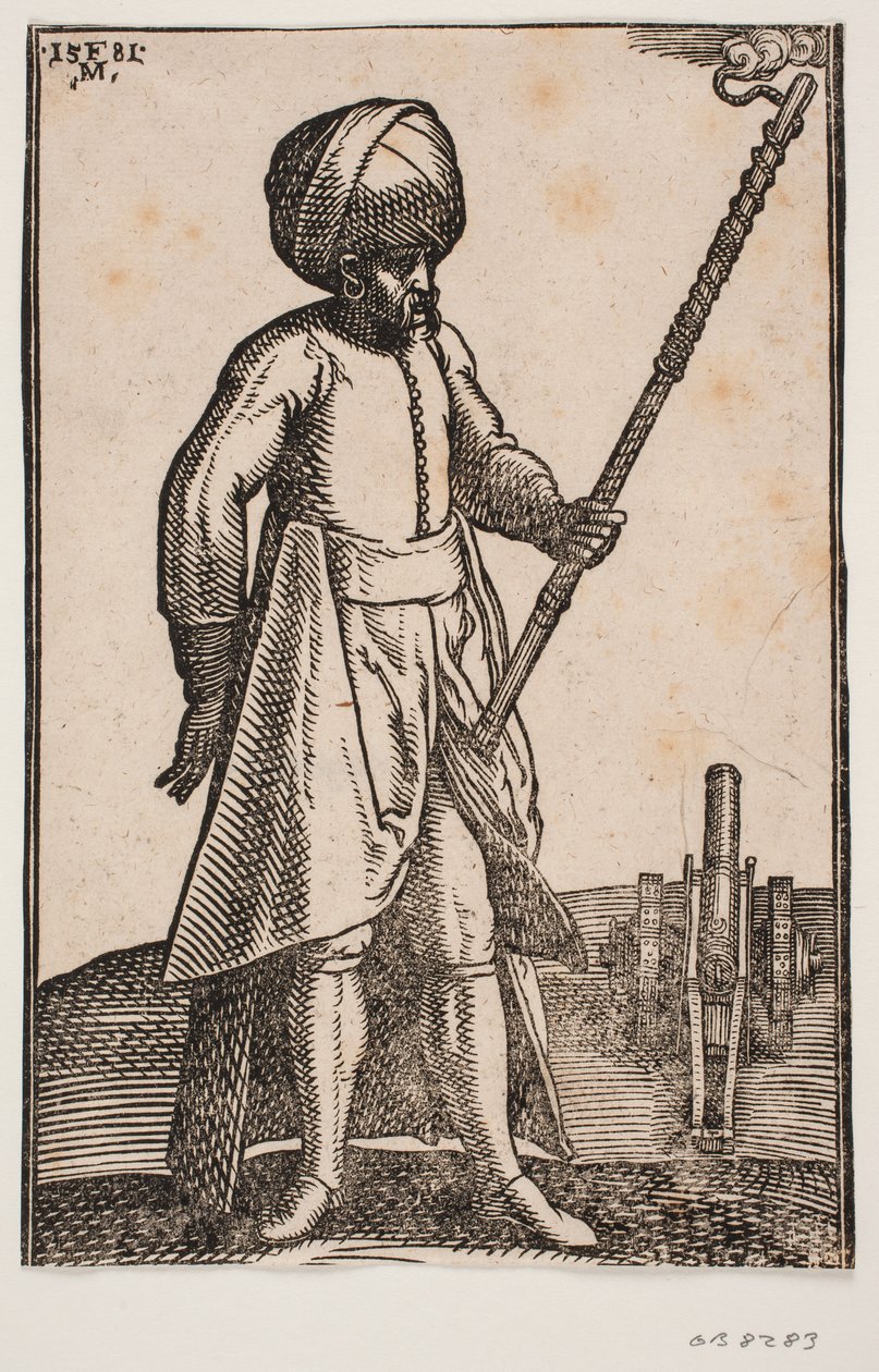 Een kanonnier bij zijn kanon, in een open landschap door Melchior Lorck