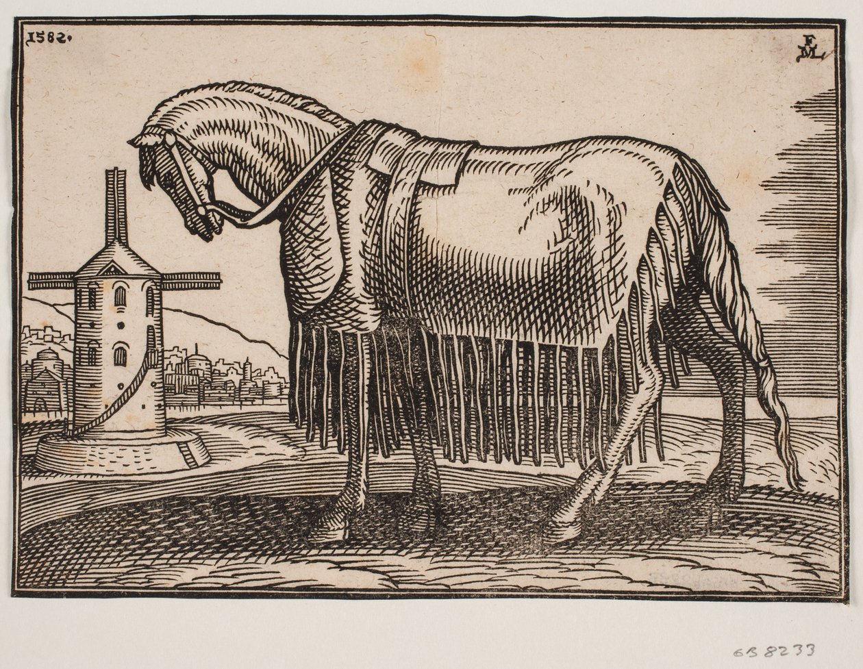 Paard, bedekt met schabrak, profiel naar links door Melchior Lorck