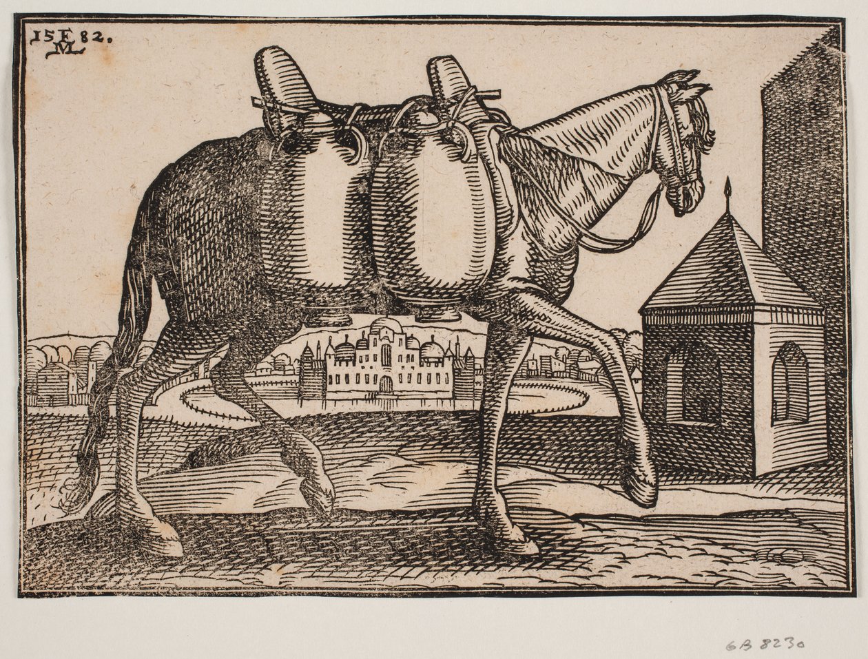 Paard, profiel naar links; aan zijn zichtbare zijde hangen twee keramische vaten; voor het paard een vierkante put met spits dak, achter het paard een kasteel met kantelen en koepels, omgeven door een cirkelvormige, met water gevulde gracht door Melchior Lorck