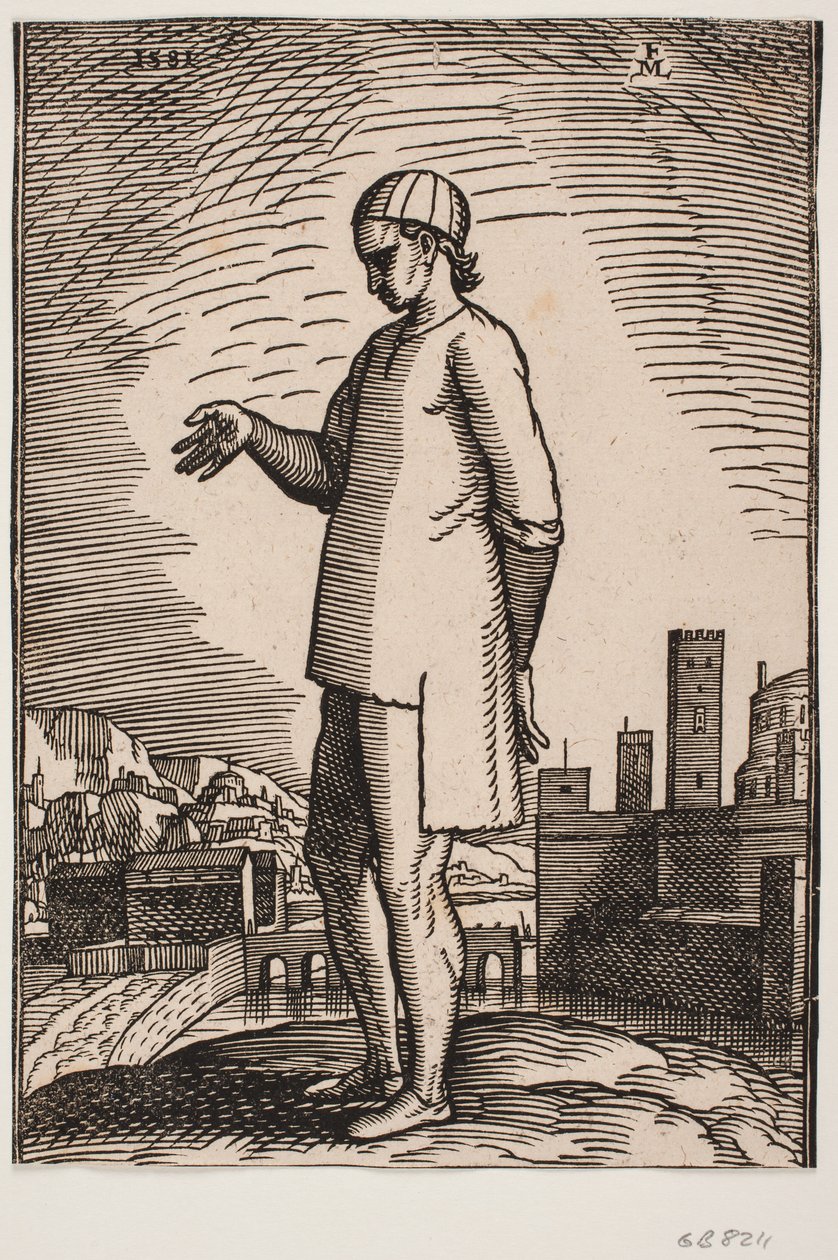 Christelijke slaaf met uitgestrekte hand, op de achtergrond twee stadsdelen verbonden door een brug door Melchior Lorck