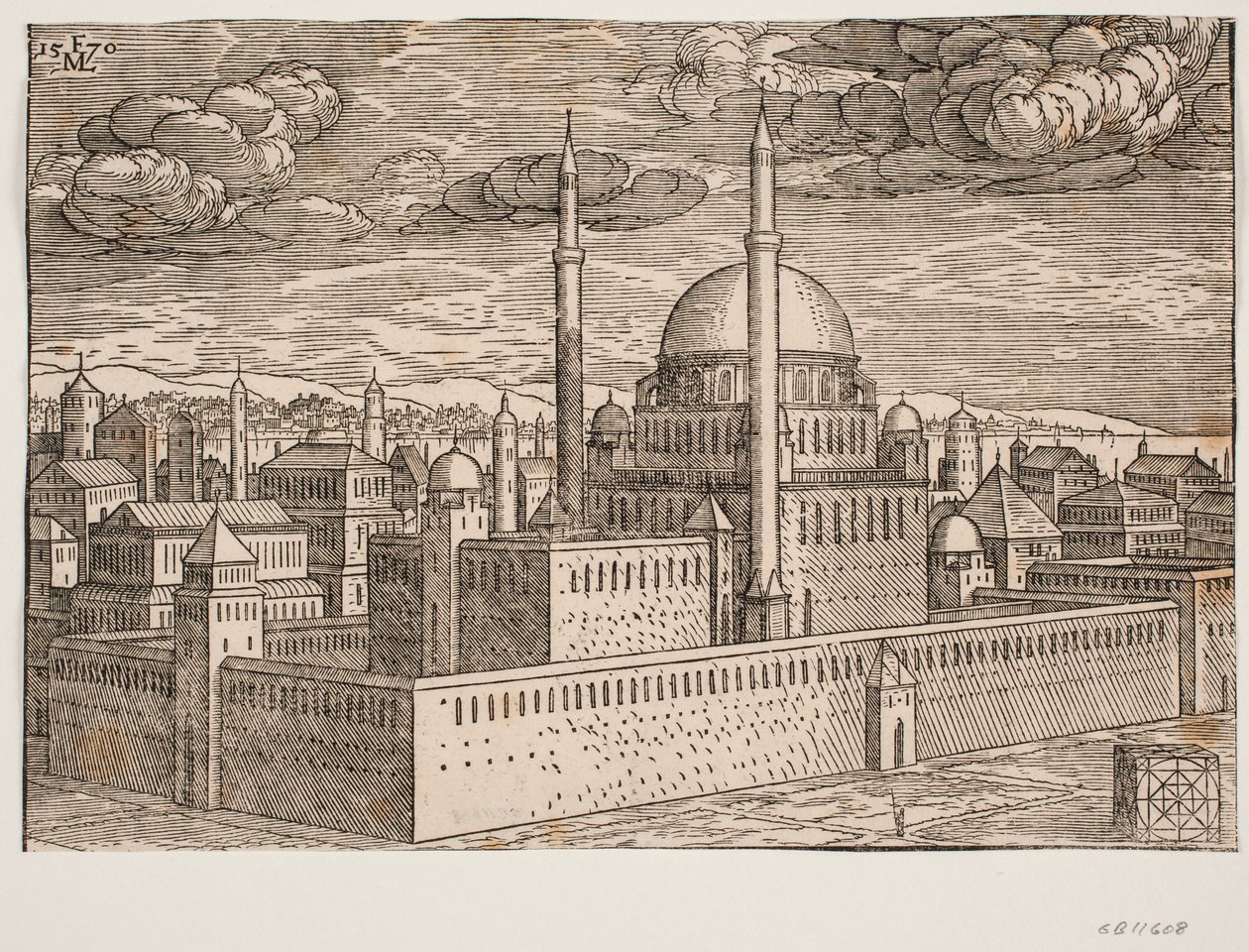 Moskee, met twee minaretten, gezien vanuit het noordwesten; aan de andere kant van het water is Galata te zien. In de rechterbenedenhoek is een kubusvormige steen, waarop een vierkant geometrisch figuur is geëtst, een figuur die vermoedelijk weergeeft door Melchior Lorck