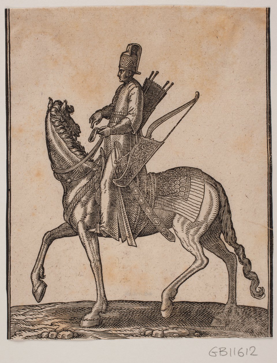 Bereden soldaat, profiel naar rechts; hij draagt zijn zwaard en boog aan zijn linkerzijde en de pijlkoker aan zijn rechterzijde door Melchior Lorck