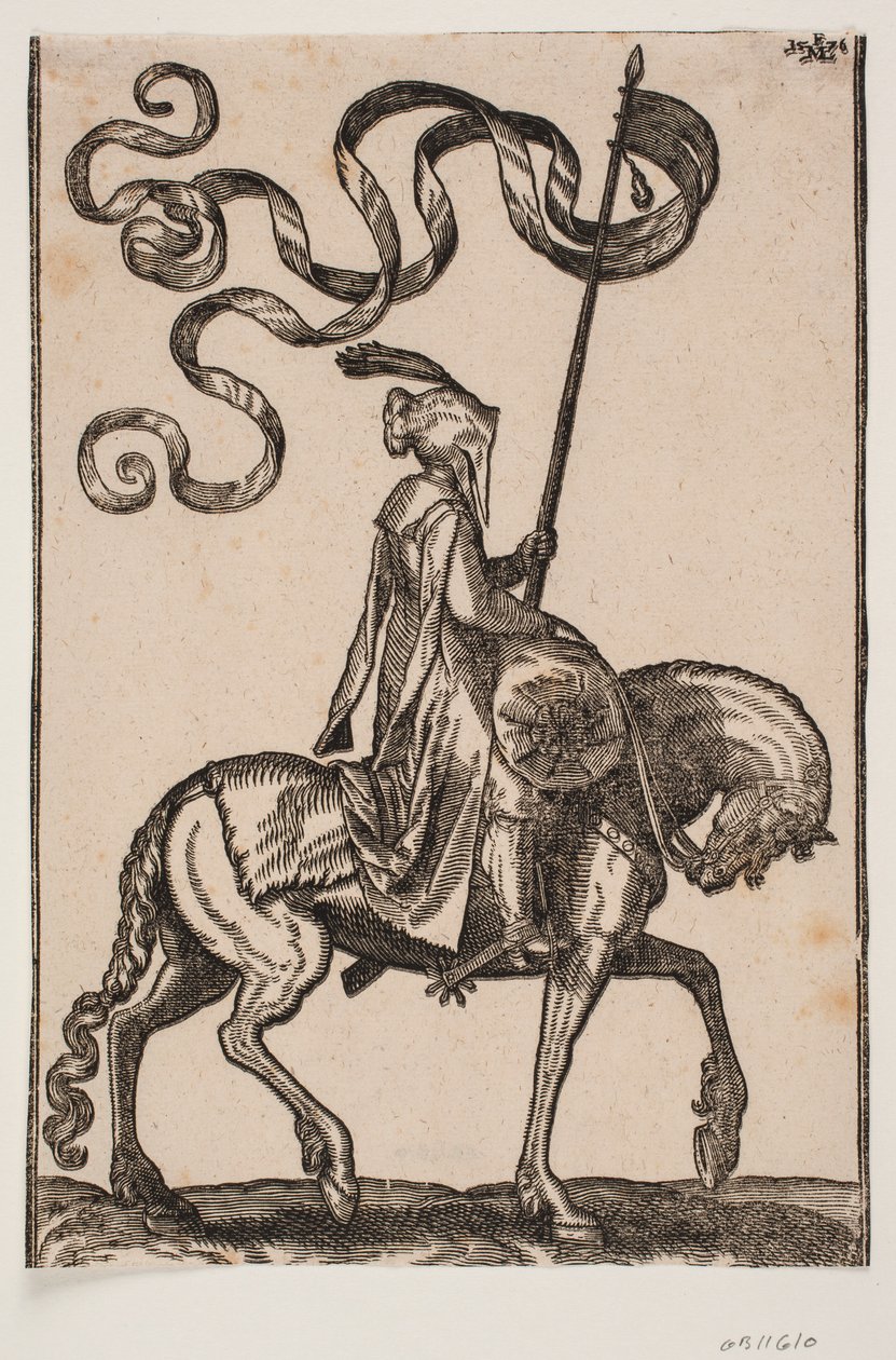 Bereden vaandeldrager, profiel naar rechts; de standaard heeft twee staarten; de ruiter is ongewapend; op de rug van het paard voor hem is een worstvormige zak voor het dragen van bagage door Melchior Lorck