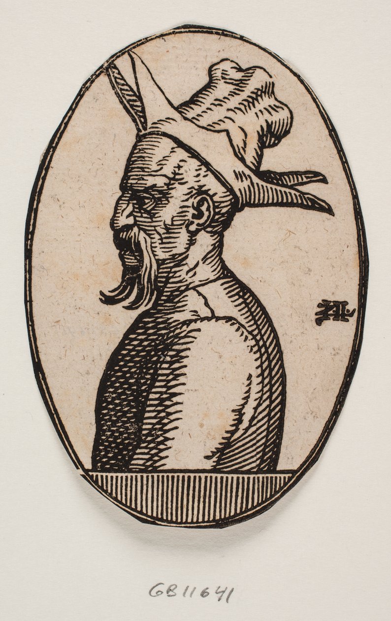 Ovale medaillon met buste van een man met hangende snor en een hoed met vier flapjes; de linkerkant van het gezicht van de man is in profiel te zien door Melchior Lorck