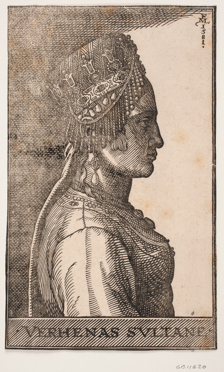 Portret van de vrouw van een sultan, profiel naar rechts door Melchior Lorck