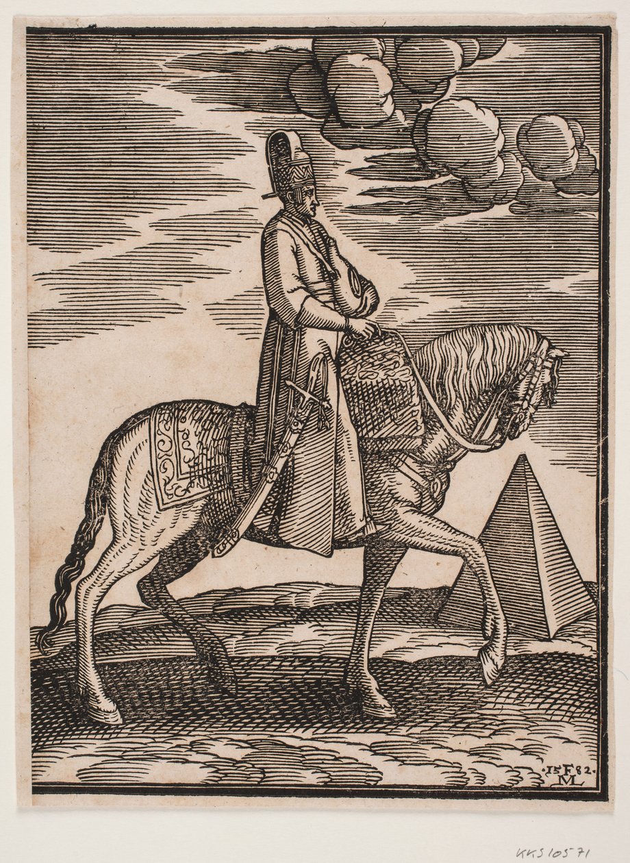 Ruiter met een fles om zijn nek, profiel naar rechts; een zwaard aan zijn rechterzijde en bagage voor hem, gedrapeerd over het zadel; rechts, op de achtergrond, een piramide door Melchior Lorck