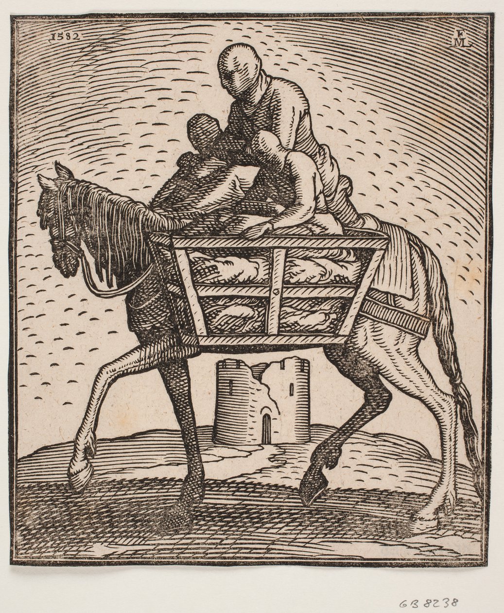 Ruiter met kap over het gezicht; aan elke kant van het paard een traliekooi met daarin een mens; profiel naar links; onder het paard een verwoeste, cilindrische toren door Melchior Lorck