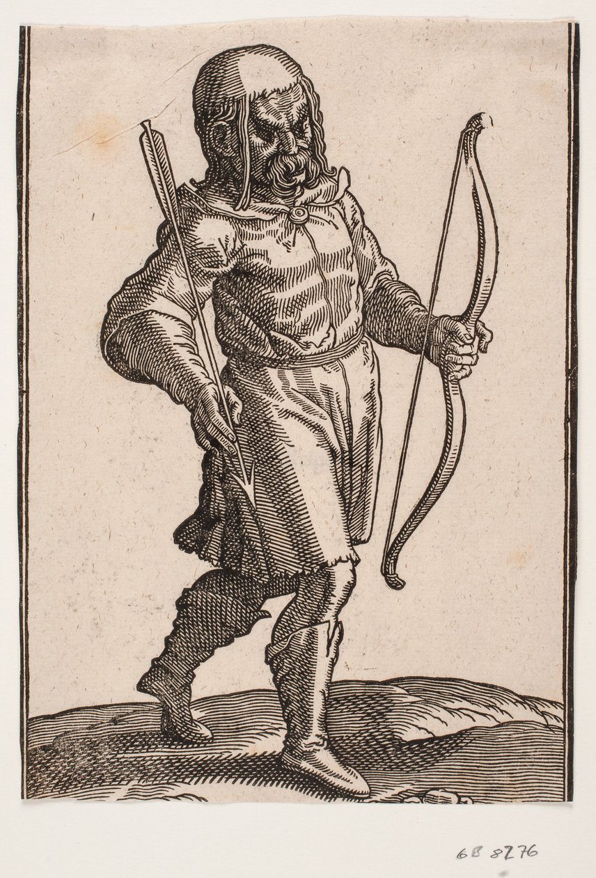 Soldaat, lopend naar rechts; laarzen en knielange kleding; in de linkerhand een boog, in de rechterhand een pijl door Melchior Lorck