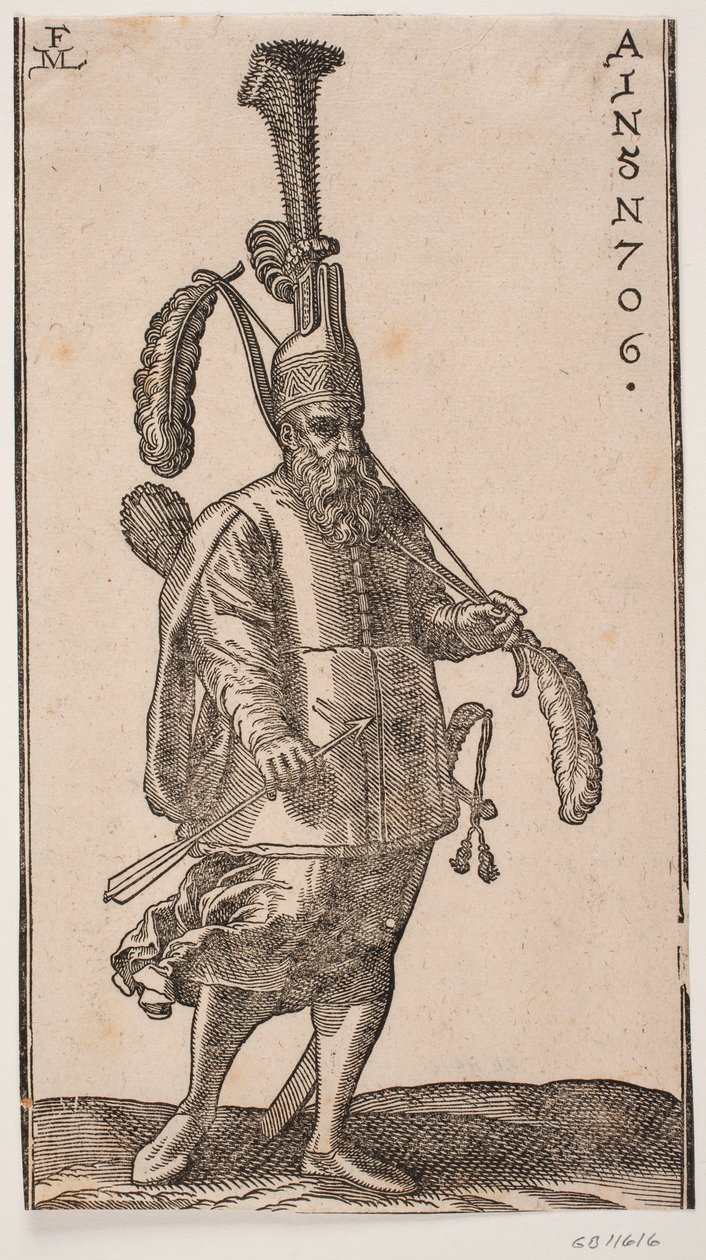 Staande soldaat, naar rechts gedraaid; hoofdtooi met zeer hoge rechtopstaande pluim; in de linkerhand een boog met grote veren aan beide uiteinden; in de rechterhand een pijl; op zijn rug een koker en aan zijn zijde een zwaard door Melchior Lorck