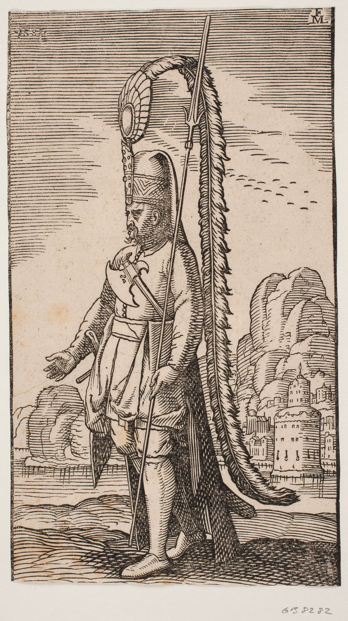 Staande soldaat bij een rotskust, aan de overkant van het water een stad; zijn hoofddeksel is versierd met een extreem lange veer door Melchior Lorck