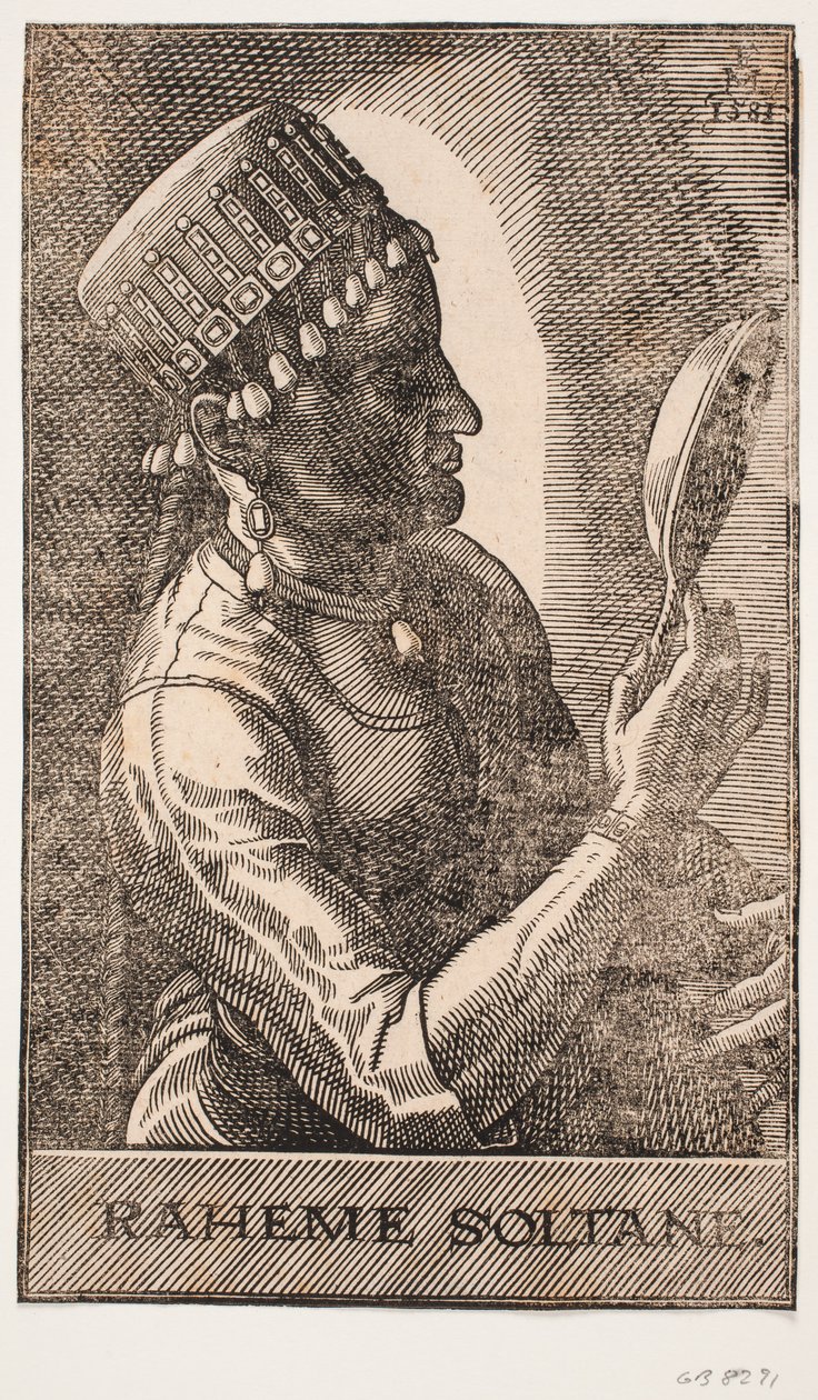 Portret van een sultane, spiegelend, profiel naar rechts: RAHEME SOLTANE door Melchior Lorck