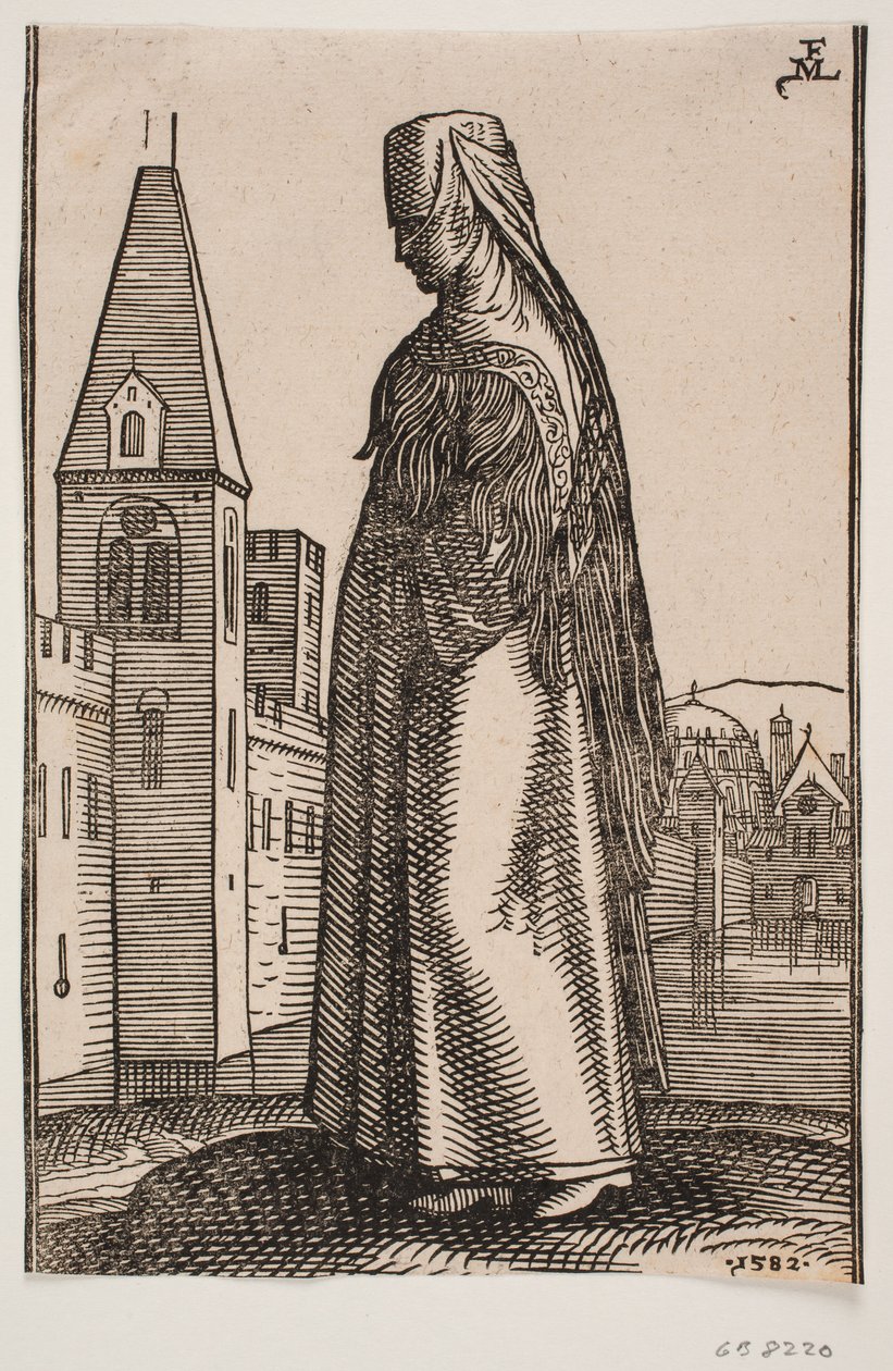 Gesluierde, Wandelende Vrouw, Profiel naar Links; Voor Haar Verrijst een Stadsmuur met Torens uit het Water door Melchior Lorck