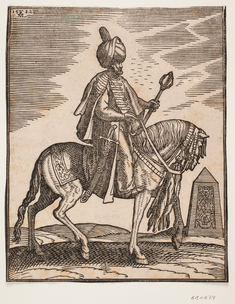 Ruiter met tulband en een zwaard aan zijn rechterzijde en een oorlogsknots in zijn linkerhand, profiel naar rechts; op de achtergrond een obelisk door Melchior Lorck