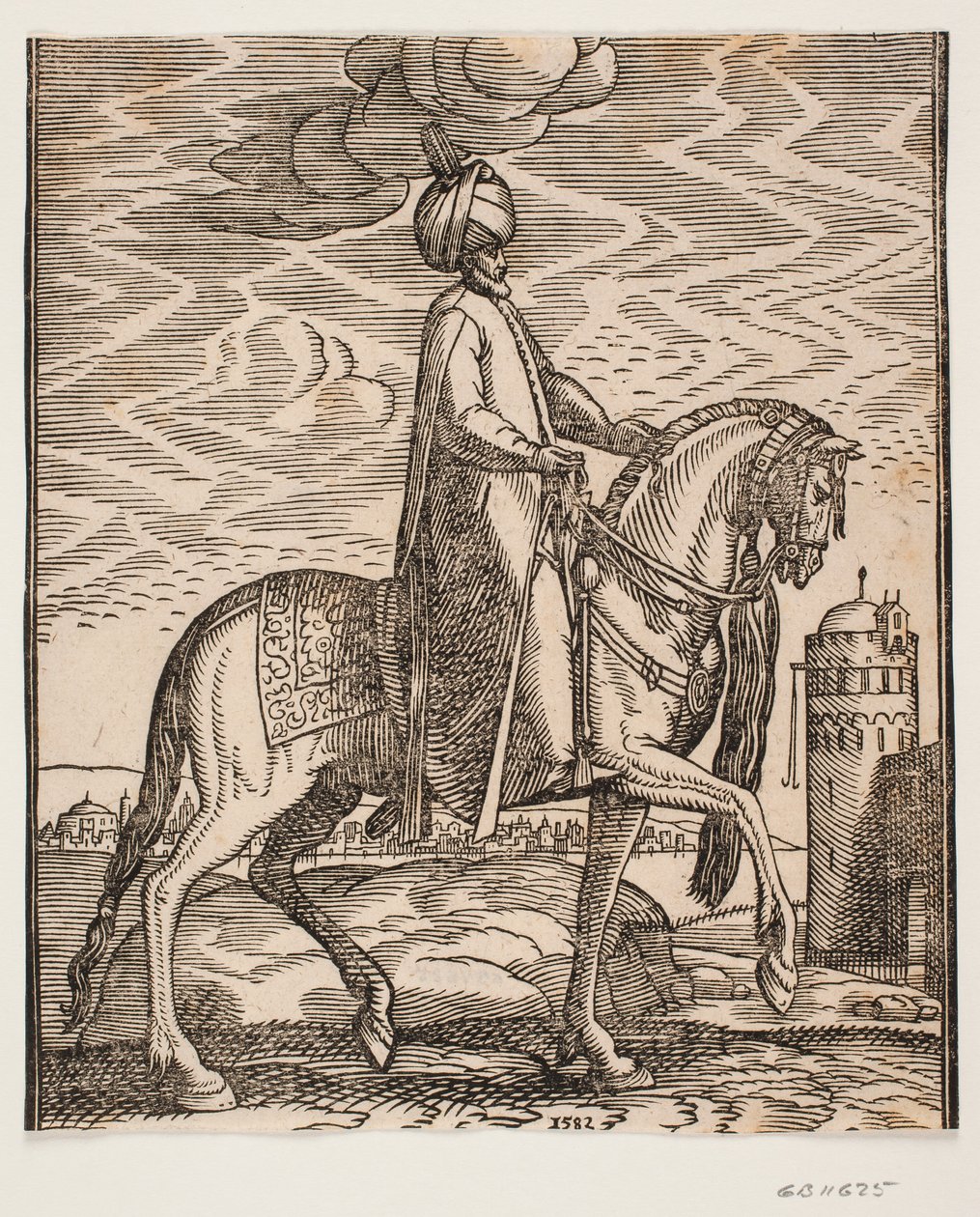Ruiter met tulband, met knuppel aan de rechterkant van het paard; profiel naar rechts; aan de rechterkant van het beeld een muur met een poort en een ronde toren door Melchior Lorck
