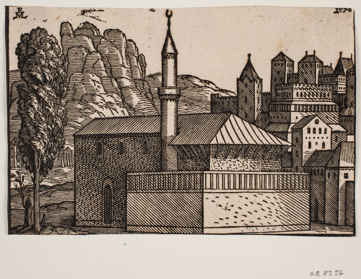 Ongeïdentificeerde moskee met 1 minaret, links hooge boom door Melchior Lorck