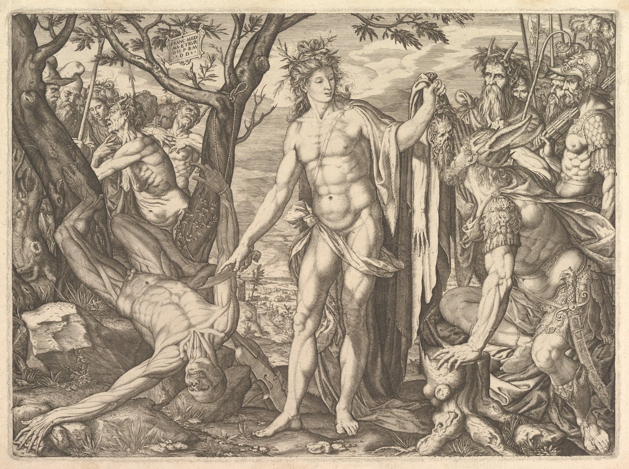 Apollo en Marsyas en het Oordeel van Midas: rechts Midas met de oren van een ezel door Melchior Meier