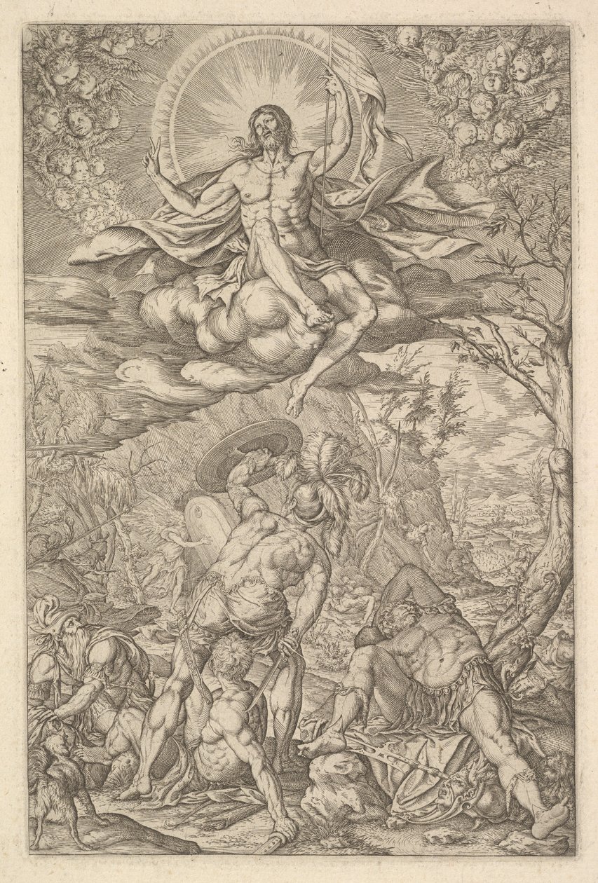 Opstanding van Christus, omgeven door een aureool en wolken met rijen gevleugelde putti, 1577 door Melchior Meier