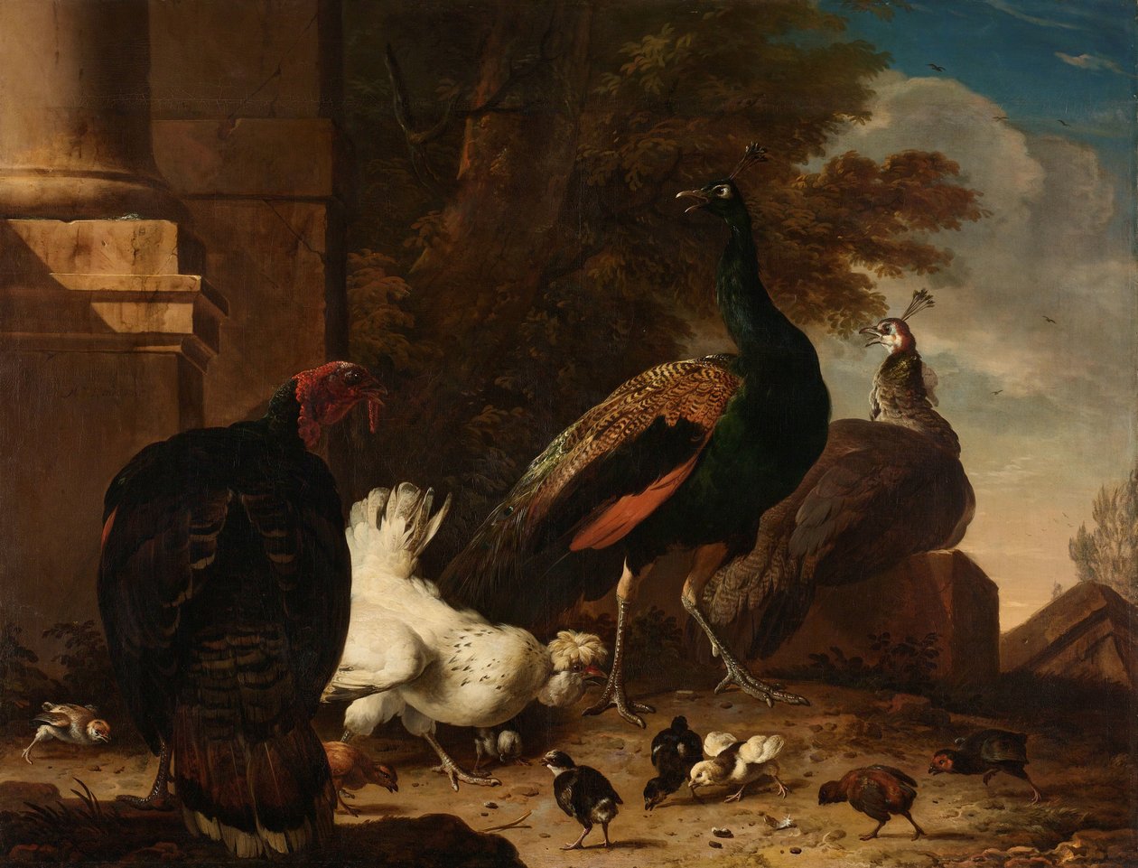 Een hen met pauwen en een kalkoen door Melchior d