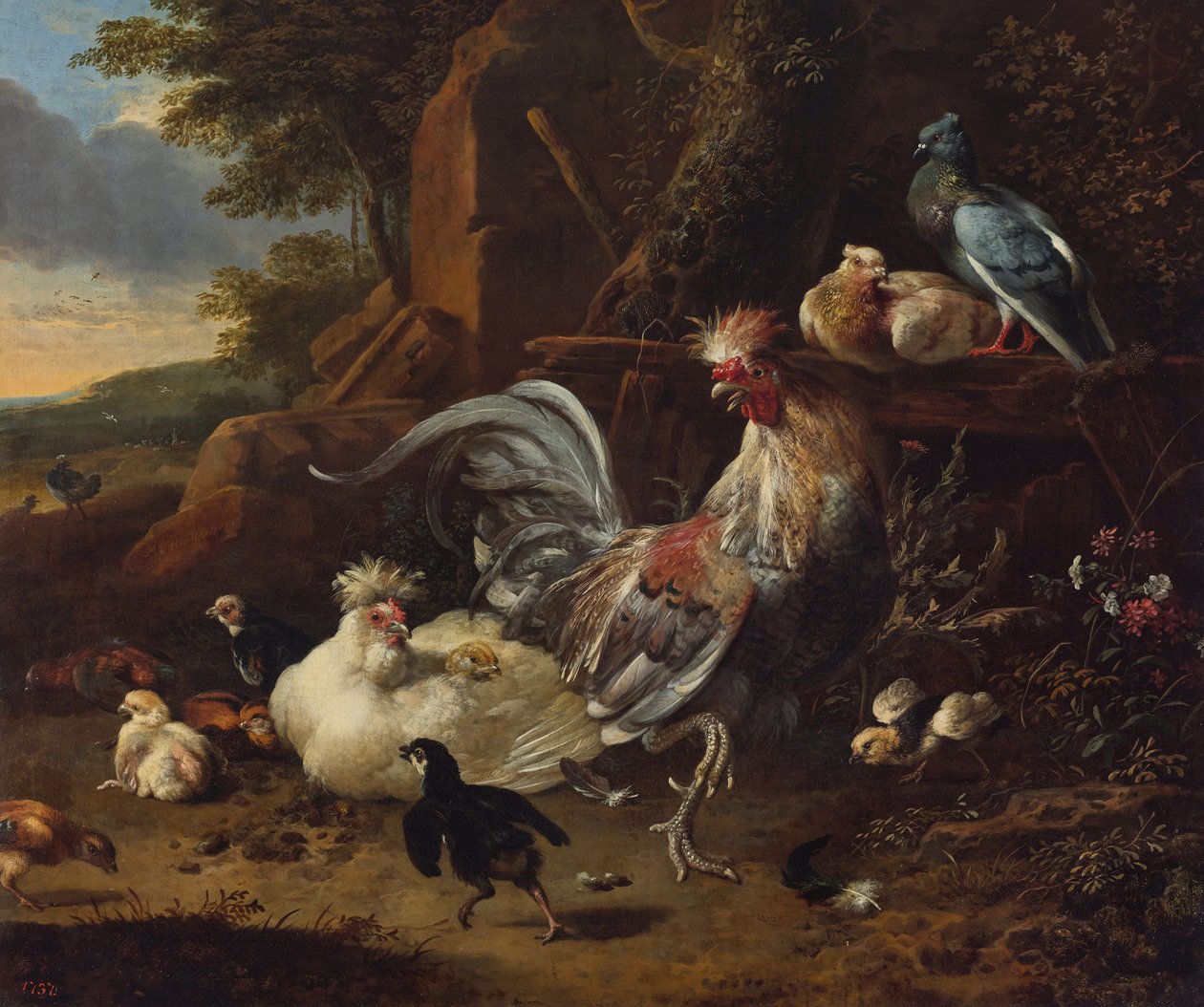 Hanen, kippen en ander gevogelte in een tuin door Melchior d