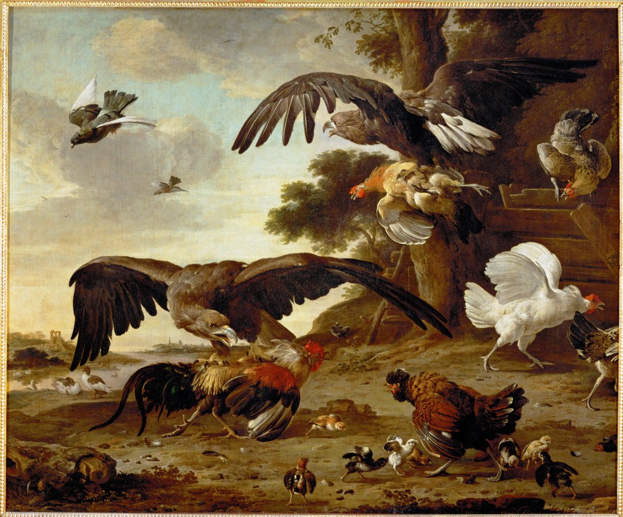 Adelaars vallen kippen aan ... door Melchior de (manner of) Hondecoeter