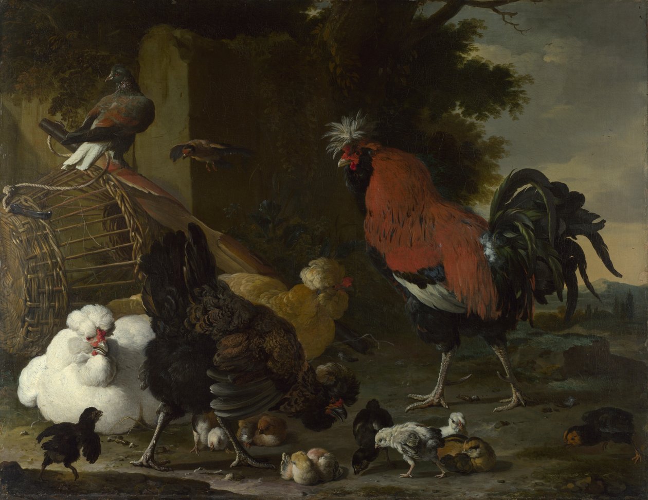 Een haan, hennen en kuikens door Melchior de Hondecoeter