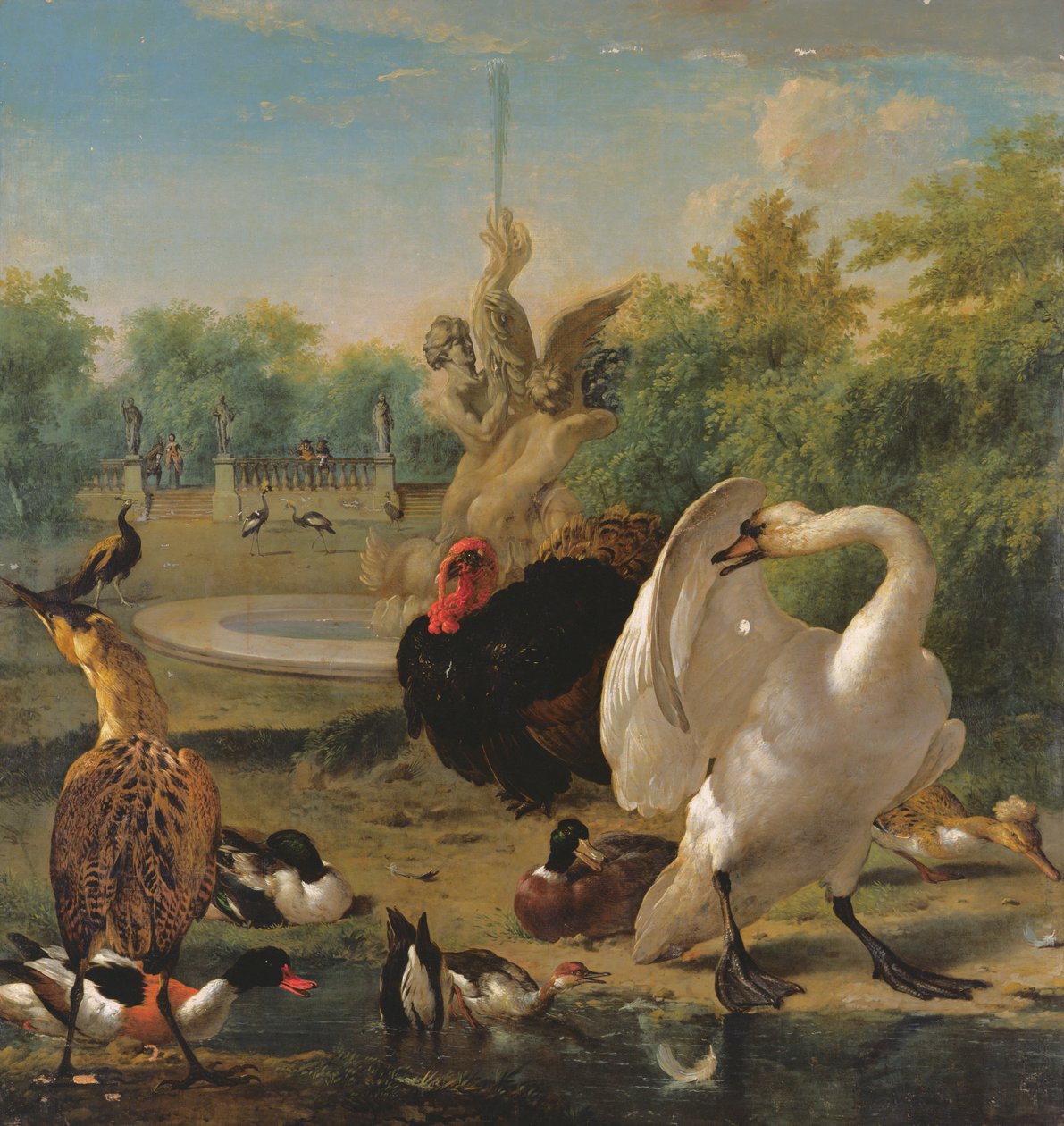 Een park met zwaan en andere vogels door Melchior de Hondecoeter