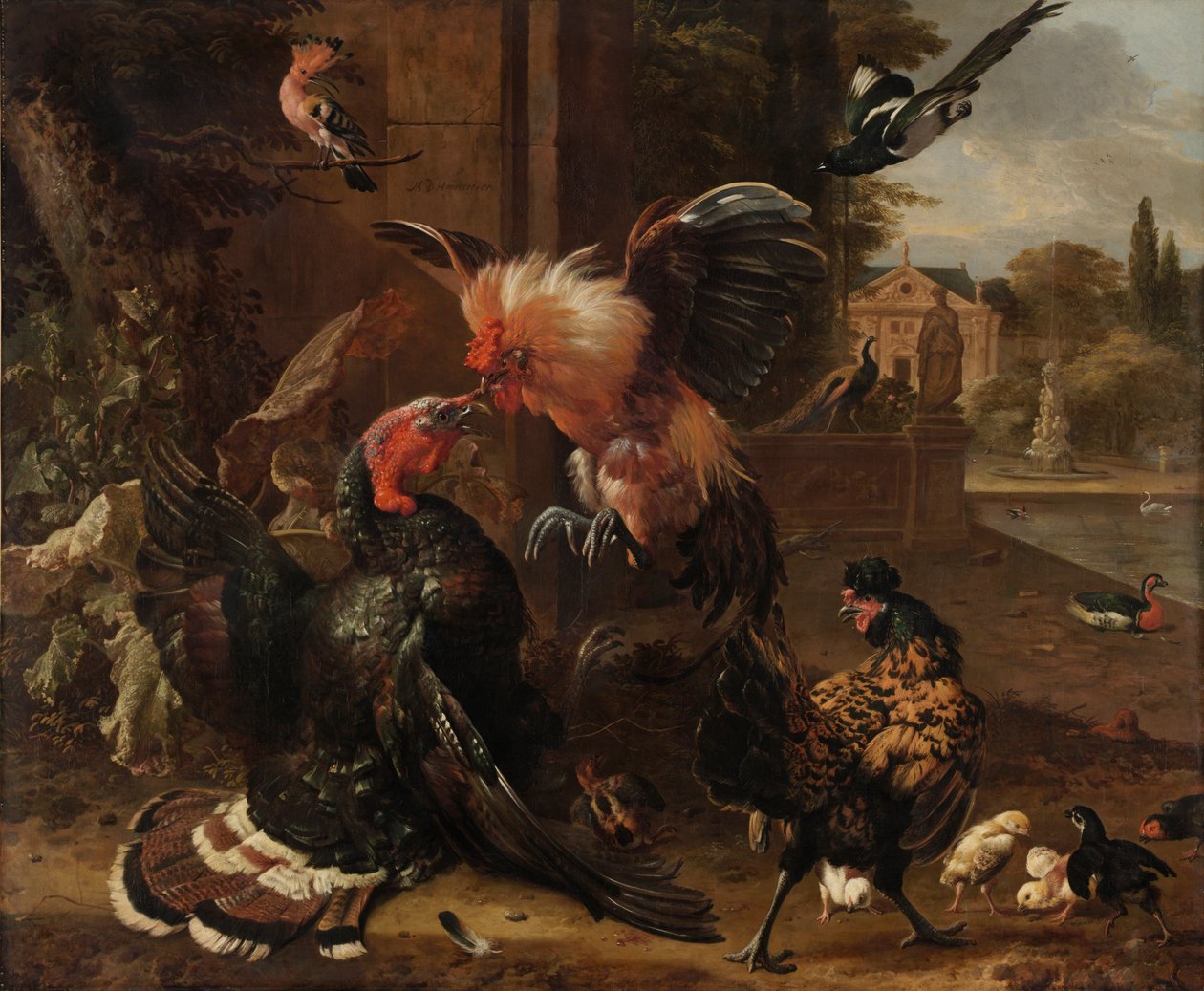 Een Haan en Kalkoen die Vechten, ca. 1680 door Melchior de Hondecoeter