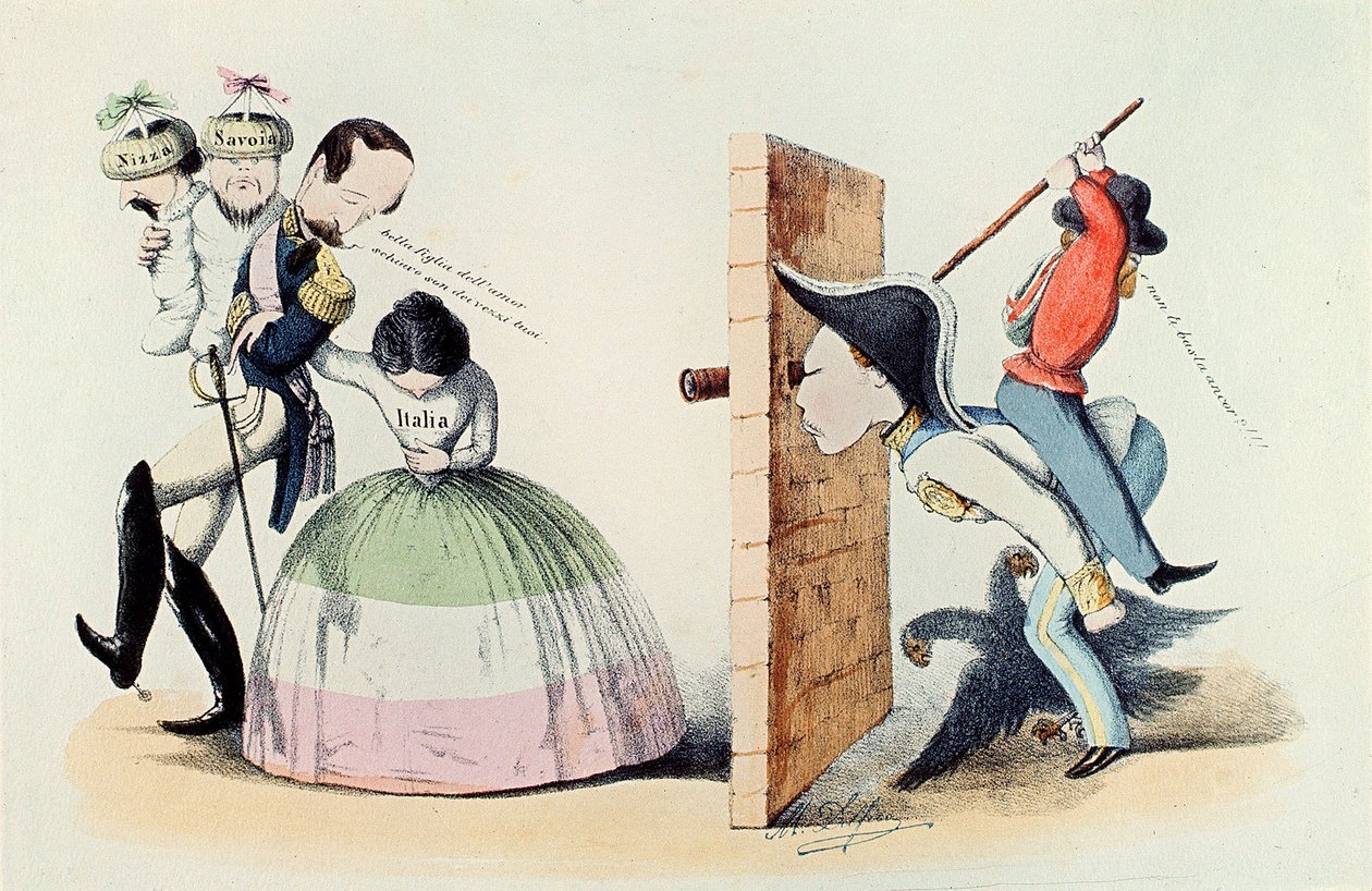 Risorgimento: Spotprent op het Verdrag van Turijn (Trattato di Torino) van 24/03/1860 (gravure) door Melchiorre Delfico
